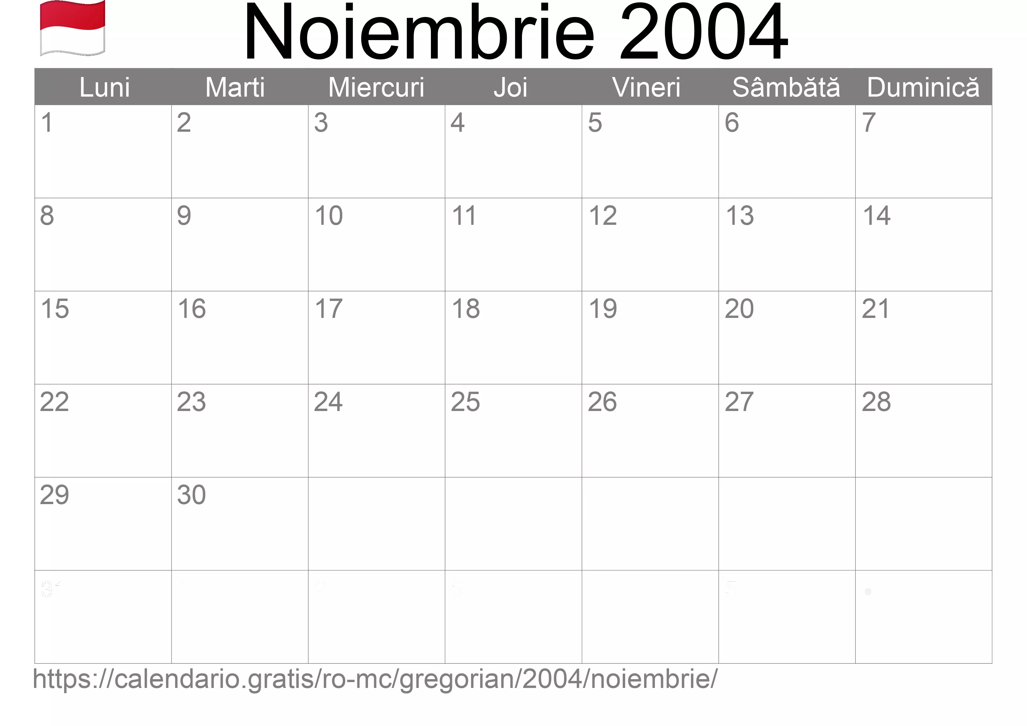 Calendar Noiembrie 2004 pentru imprimare (Monaco)