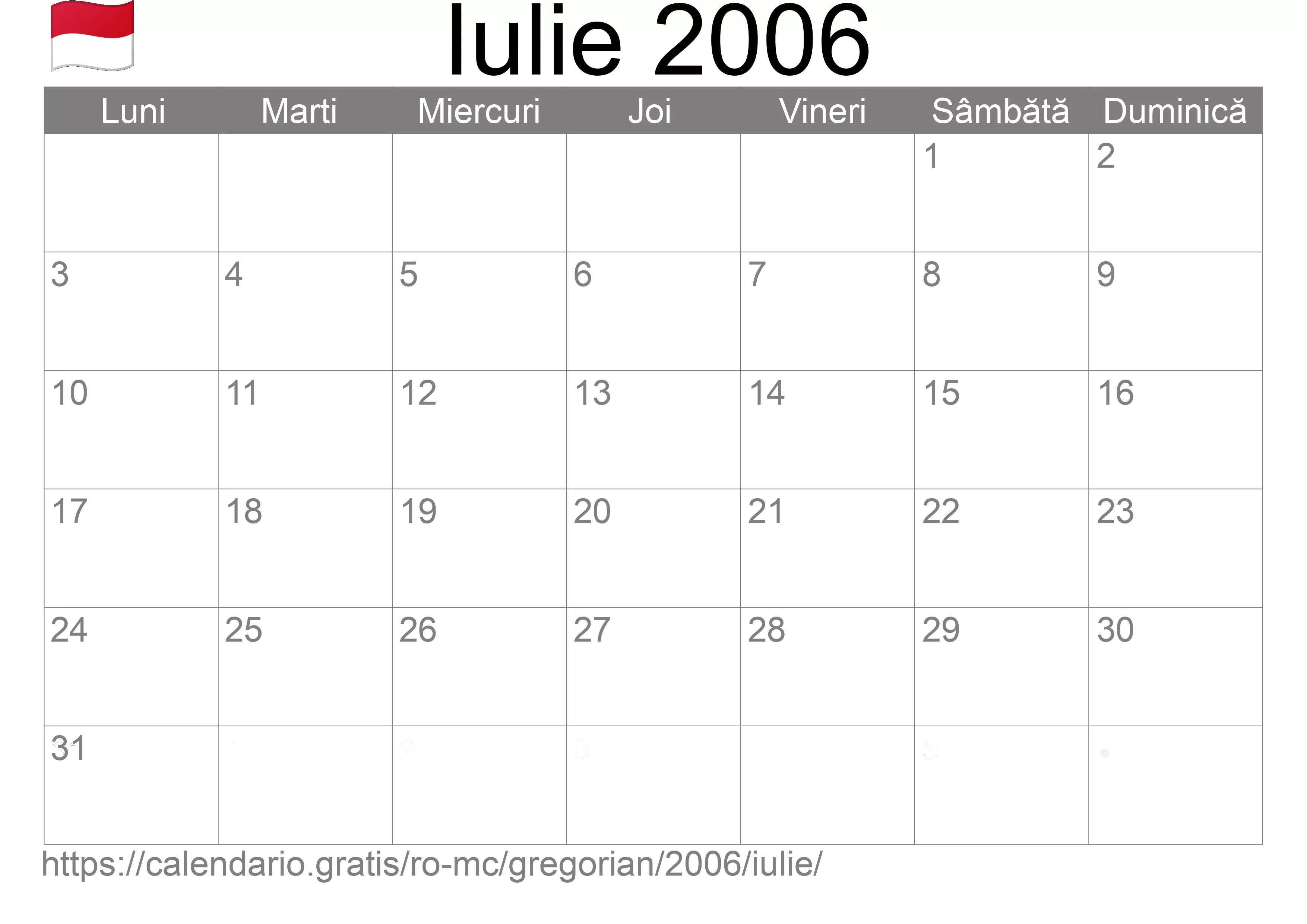 Calendar Iulie 2006 pentru imprimare (Monaco)