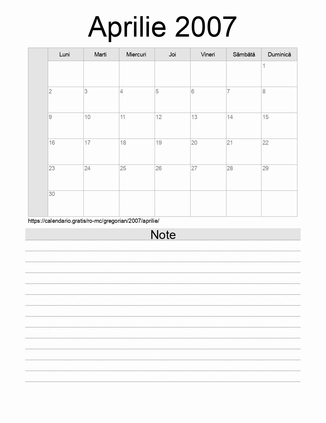 Calendar pentru Aprilie 2007 de imprimat cu note. (Monaco)