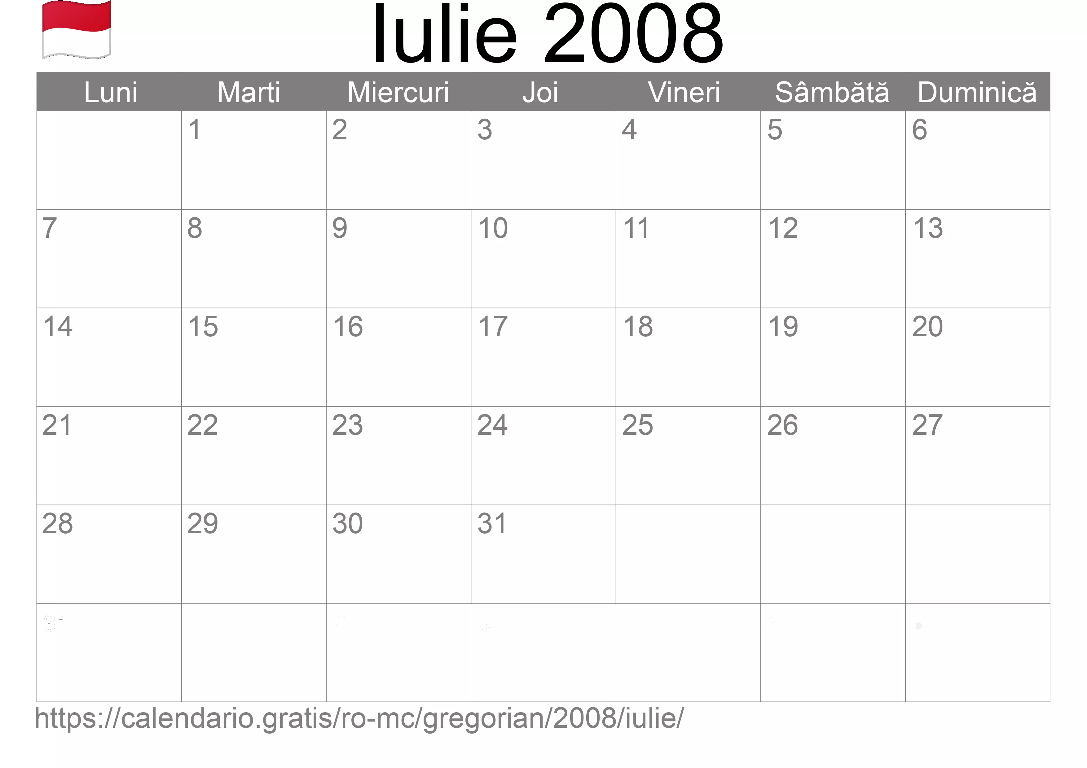 Calendar Iulie 2008 pentru imprimare (Monaco) Calendar Iulie 2008 pentru imprimare (Monaco)