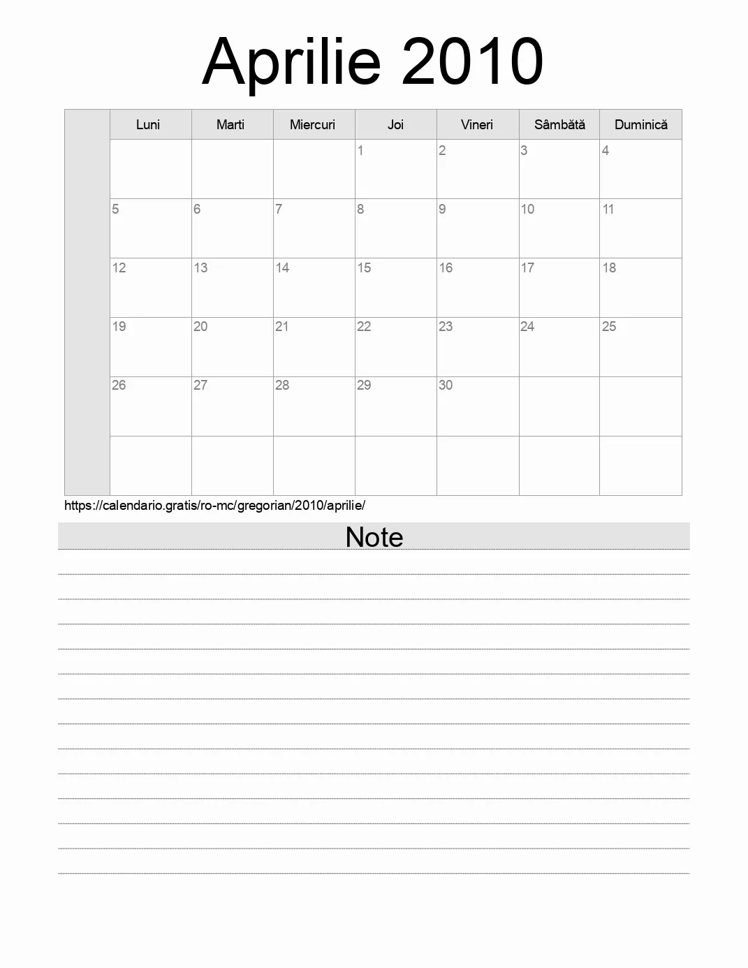 Calendar pentru Aprilie 2010 de imprimat cu note. (Monaco)