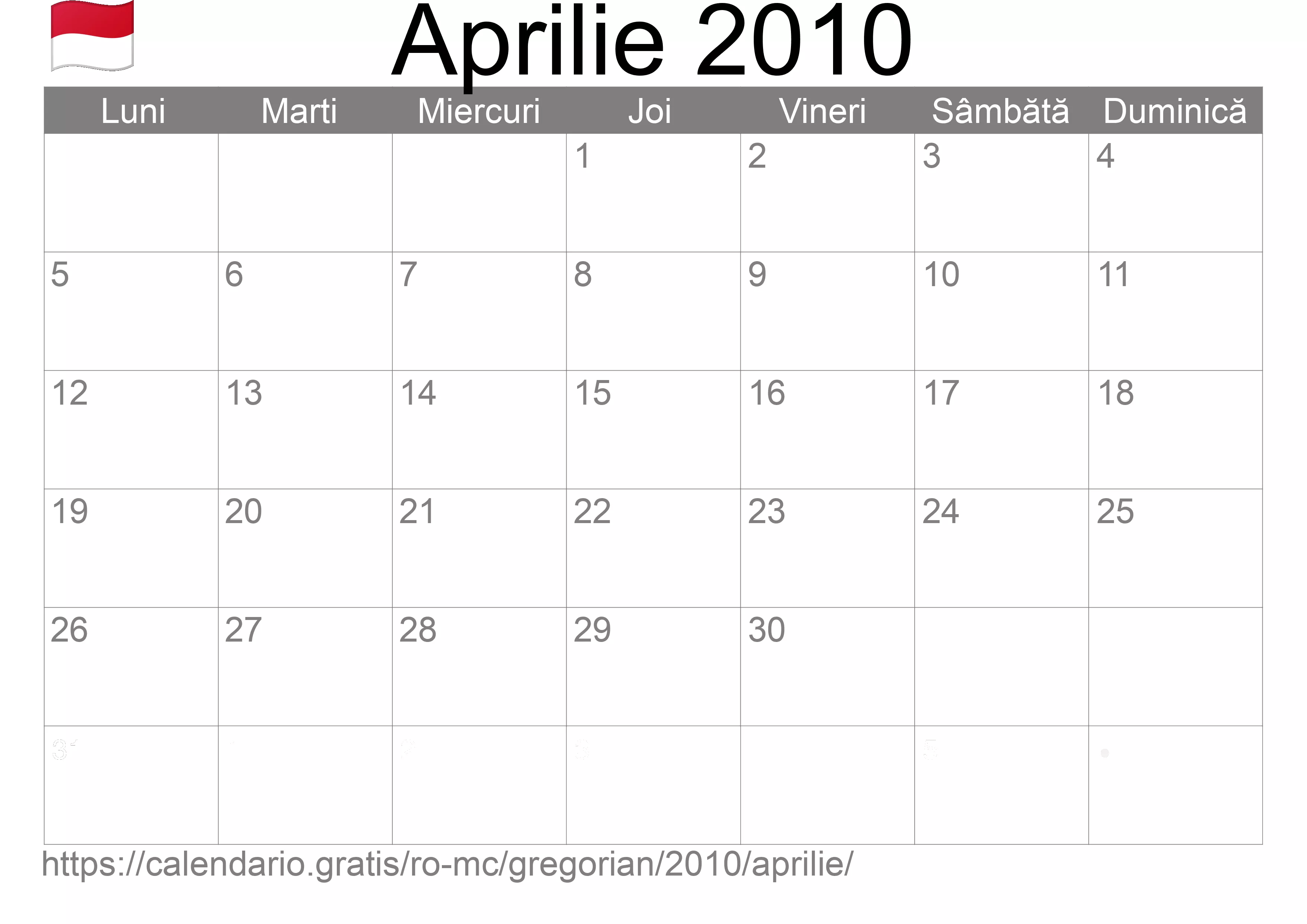 Calendar Aprilie 2010 pentru imprimare (Monaco)