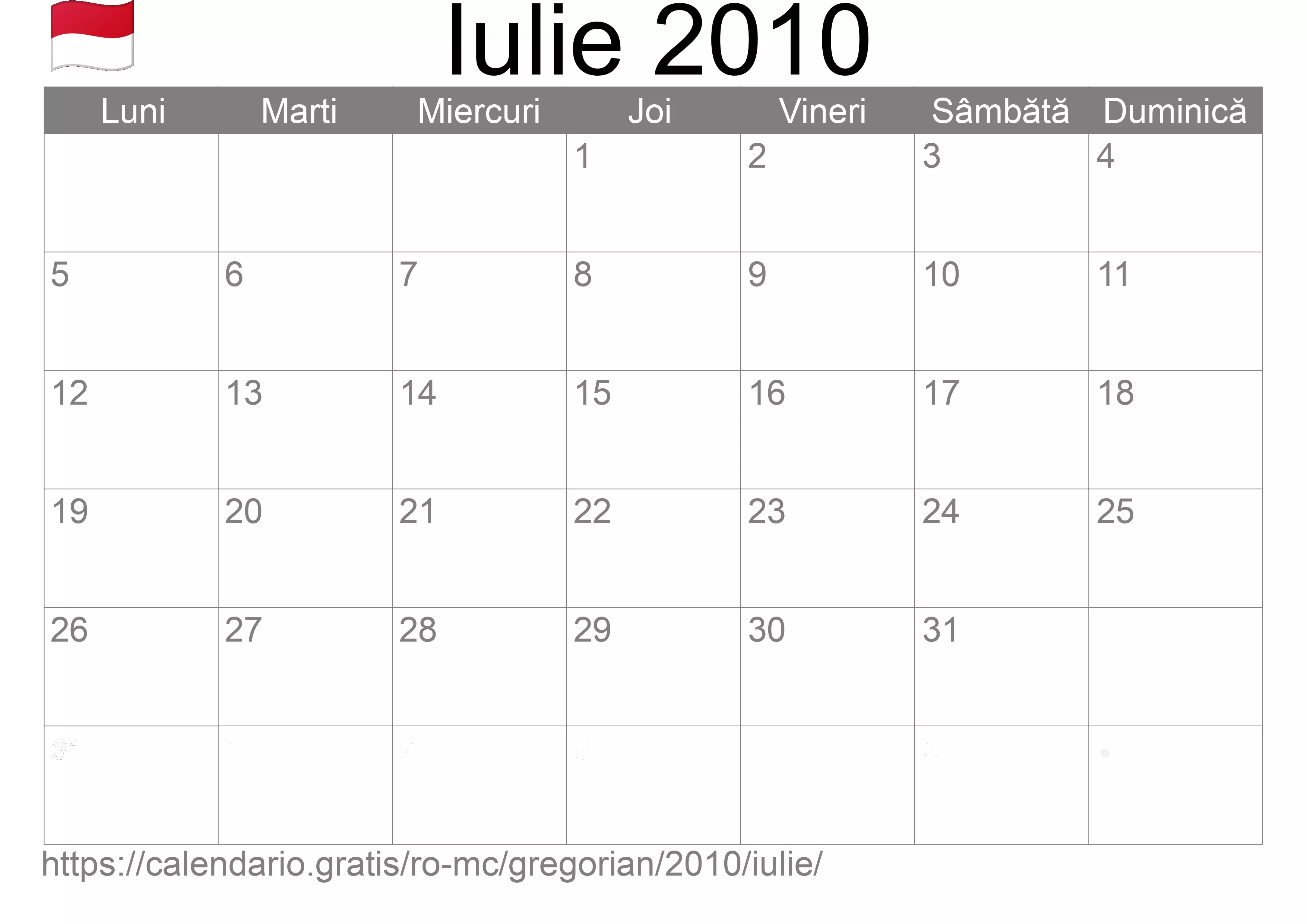 Calendar Iulie 2010 pentru imprimare (Monaco)