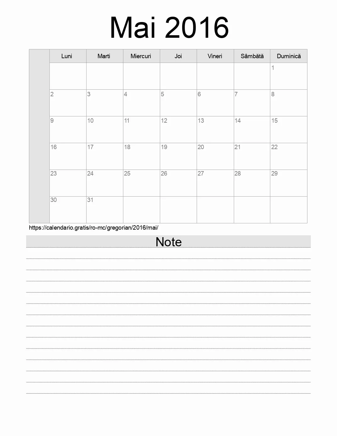 Calendar pentru Mai 2016 de imprimat cu note. (Monaco)