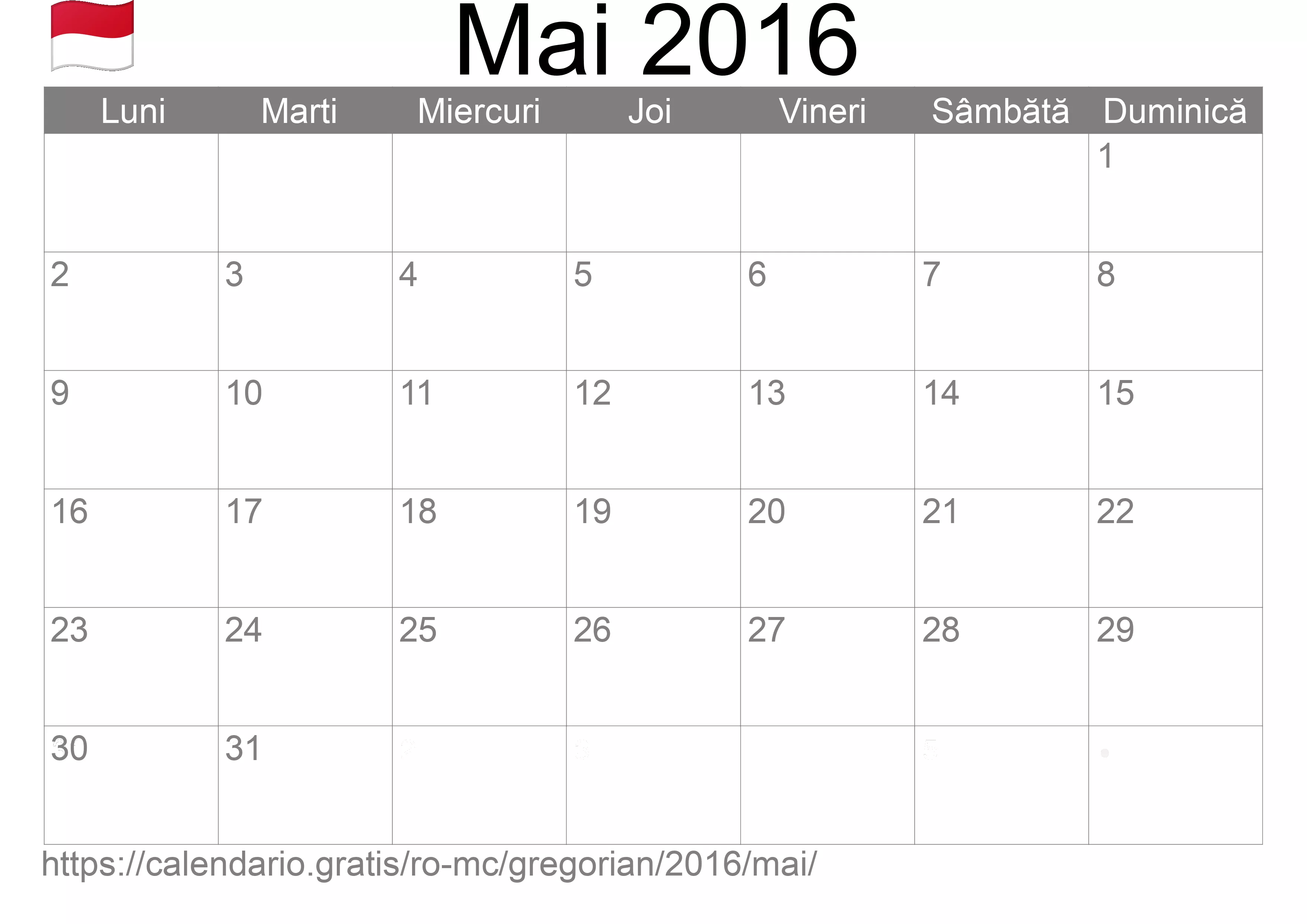 Calendar Mai 2016 pentru imprimare (Monaco)