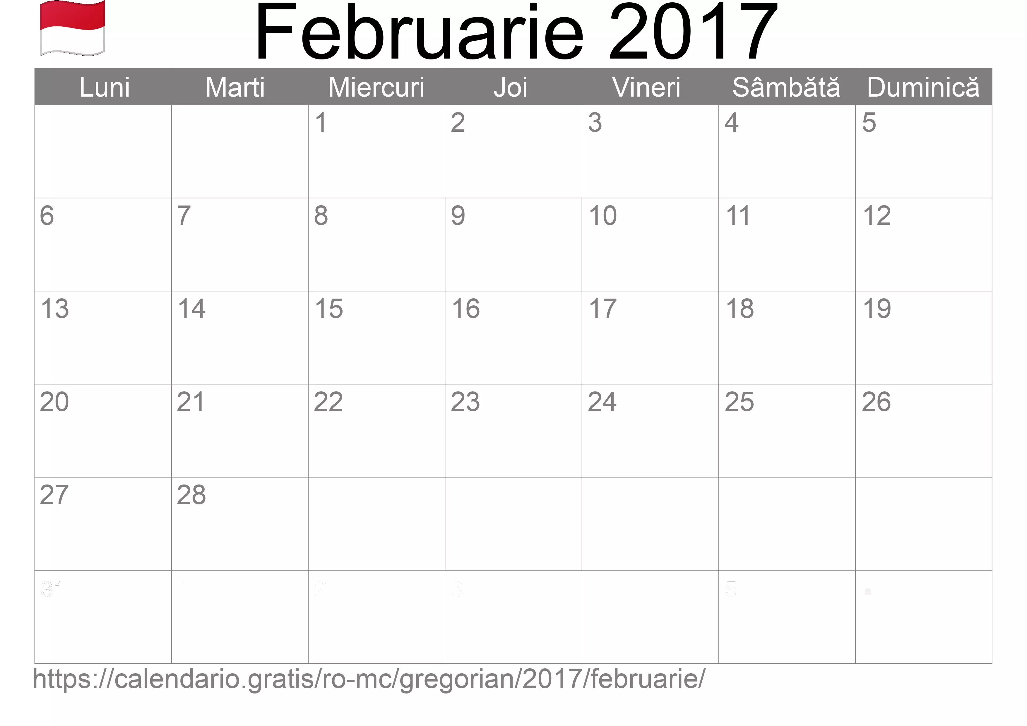 Calendar Februarie 2017 pentru imprimare (Monaco) Calendar Februarie 2017 pentru imprimare (Monaco)