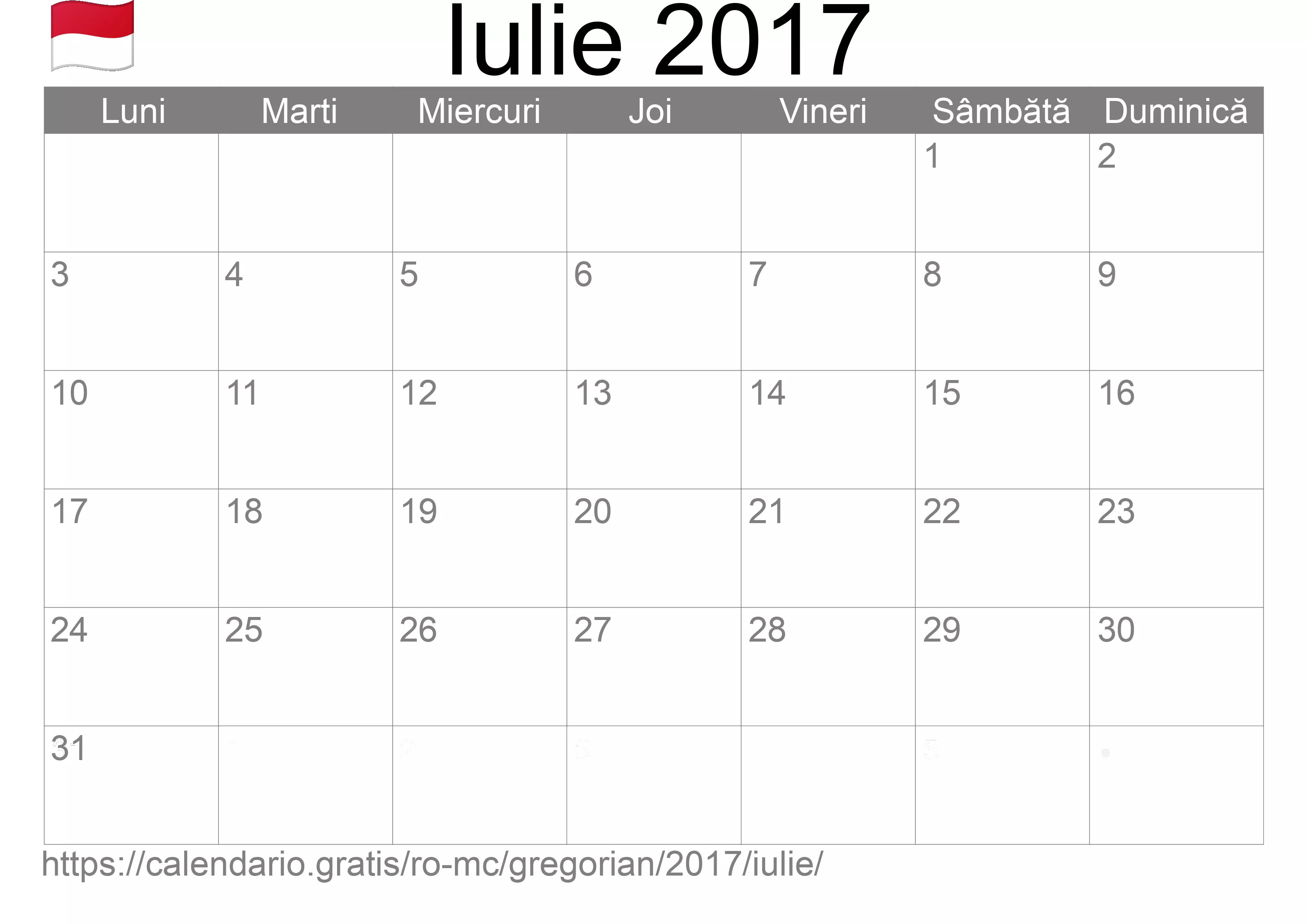 Calendar Iulie 2017 pentru imprimare (Monaco)