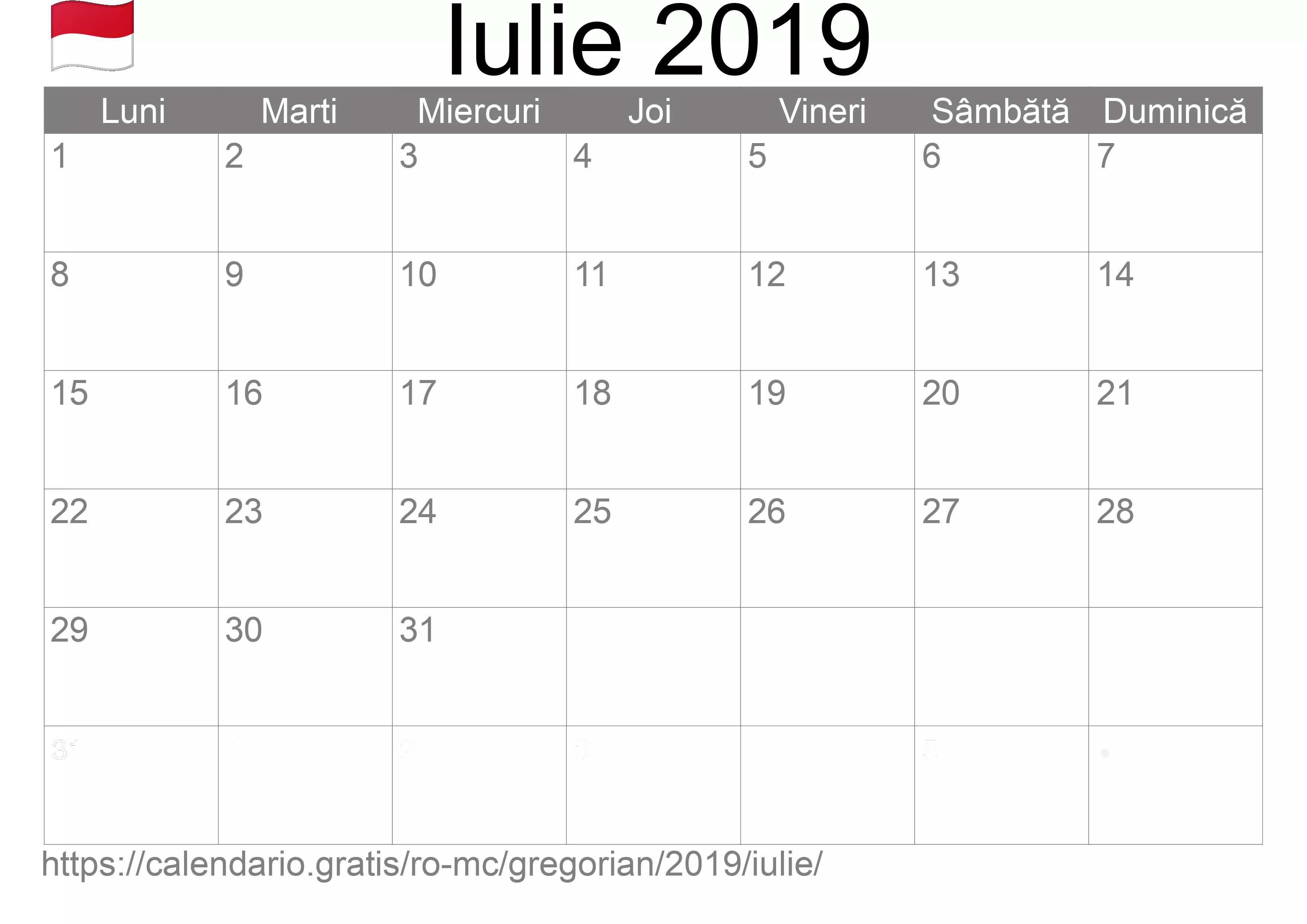 Calendar Iulie 2019 pentru imprimare (Monaco)