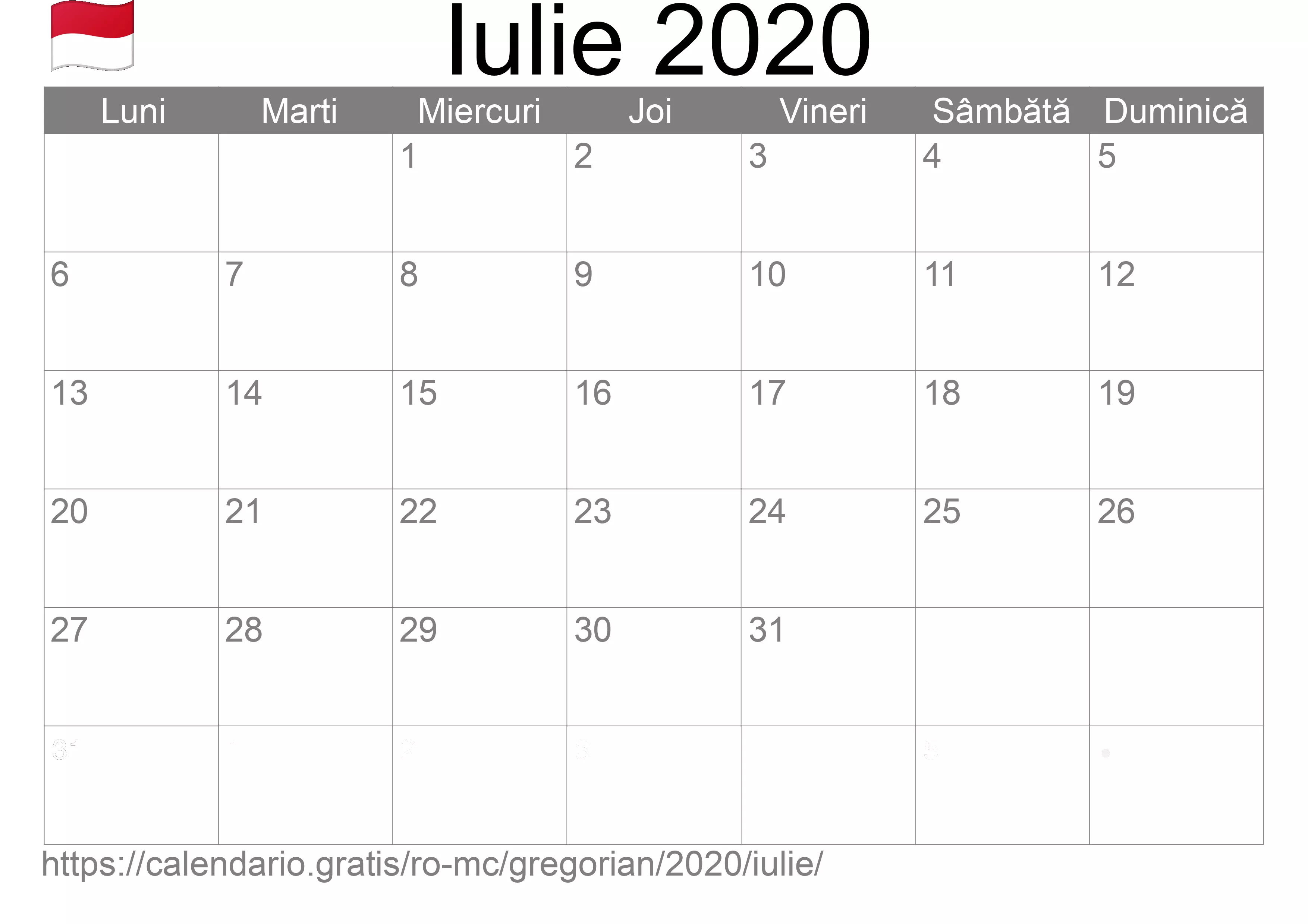 Calendar Iulie 2020 pentru imprimare (Monaco)