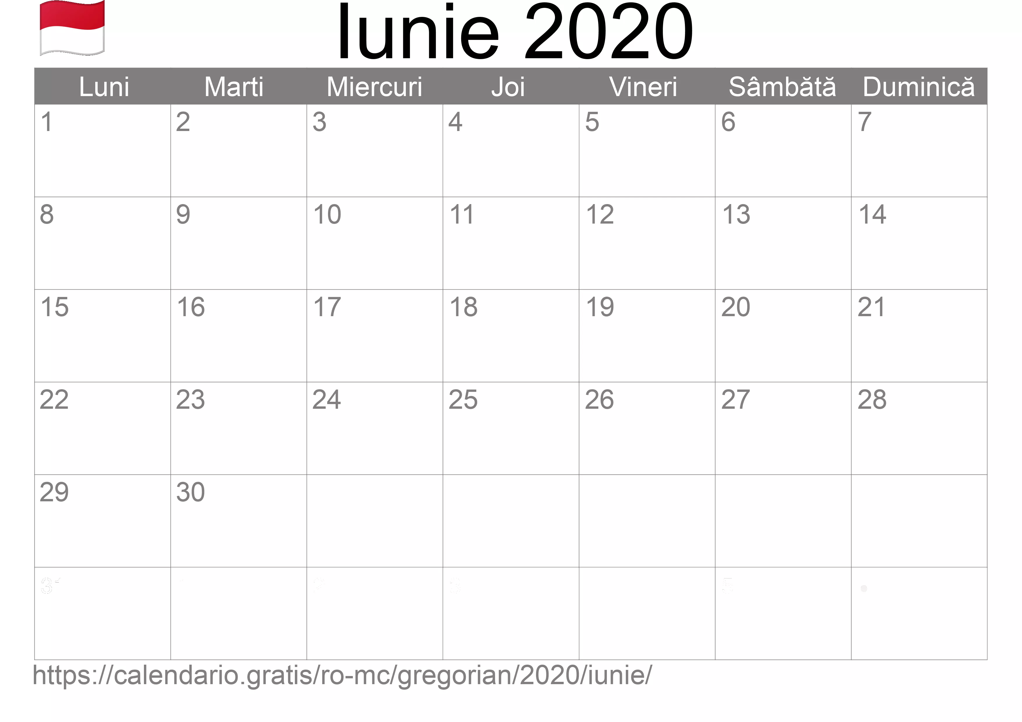 Calendar Iunie 2020 pentru imprimare (Monaco) Calendar Iunie 2020 pentru imprimare (Monaco)
