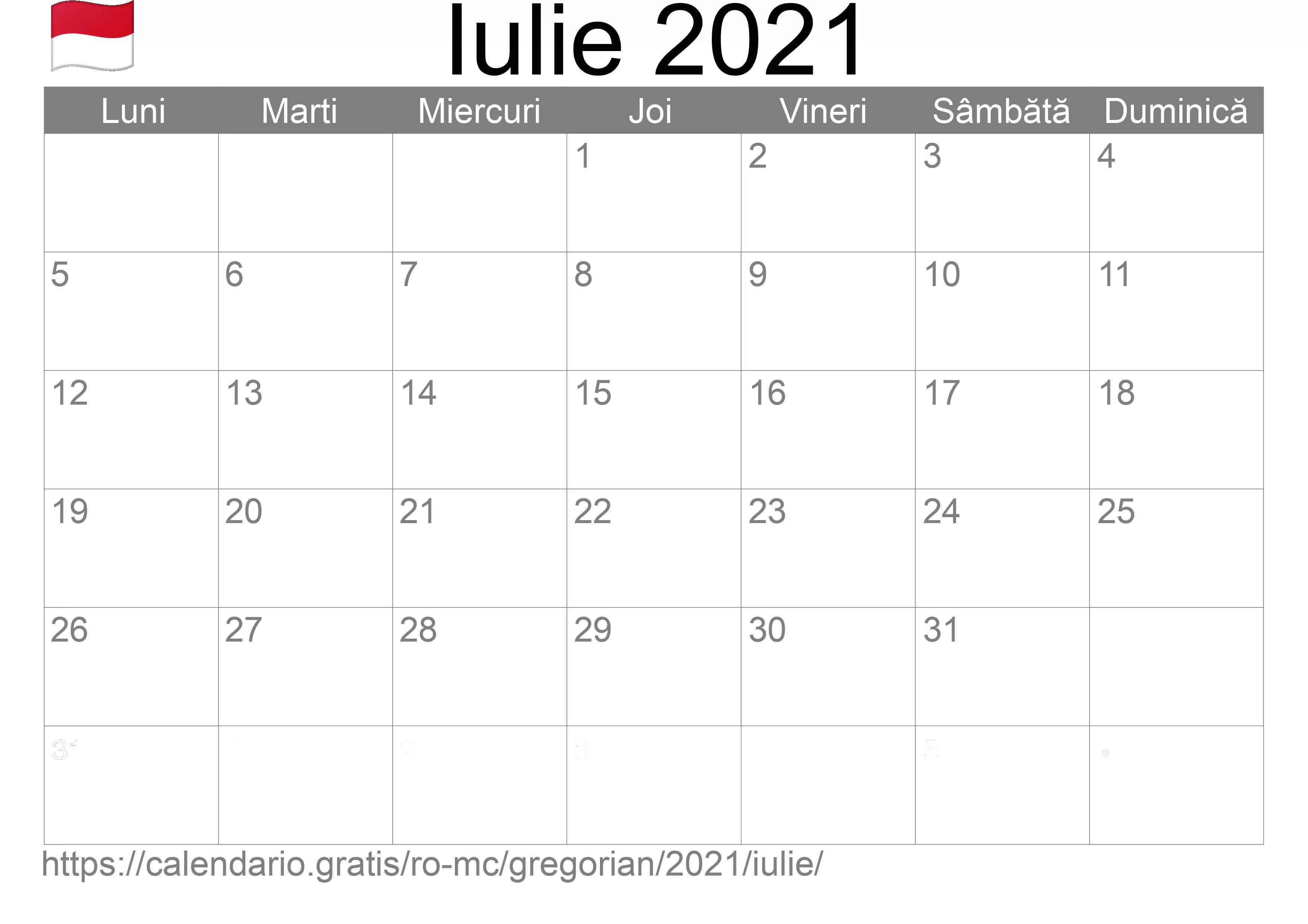 Calendar Iulie 2021 pentru imprimare (Monaco)