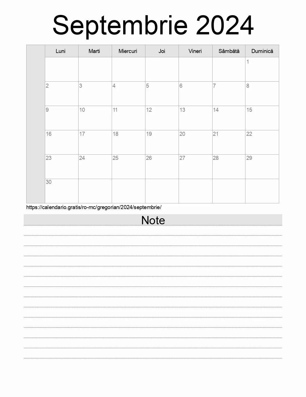 Calendar pentru Septembrie 2024 de imprimat cu note. (Monaco) Calendar pentru Septembrie 2024 de imprimat cu note. (Monaco)