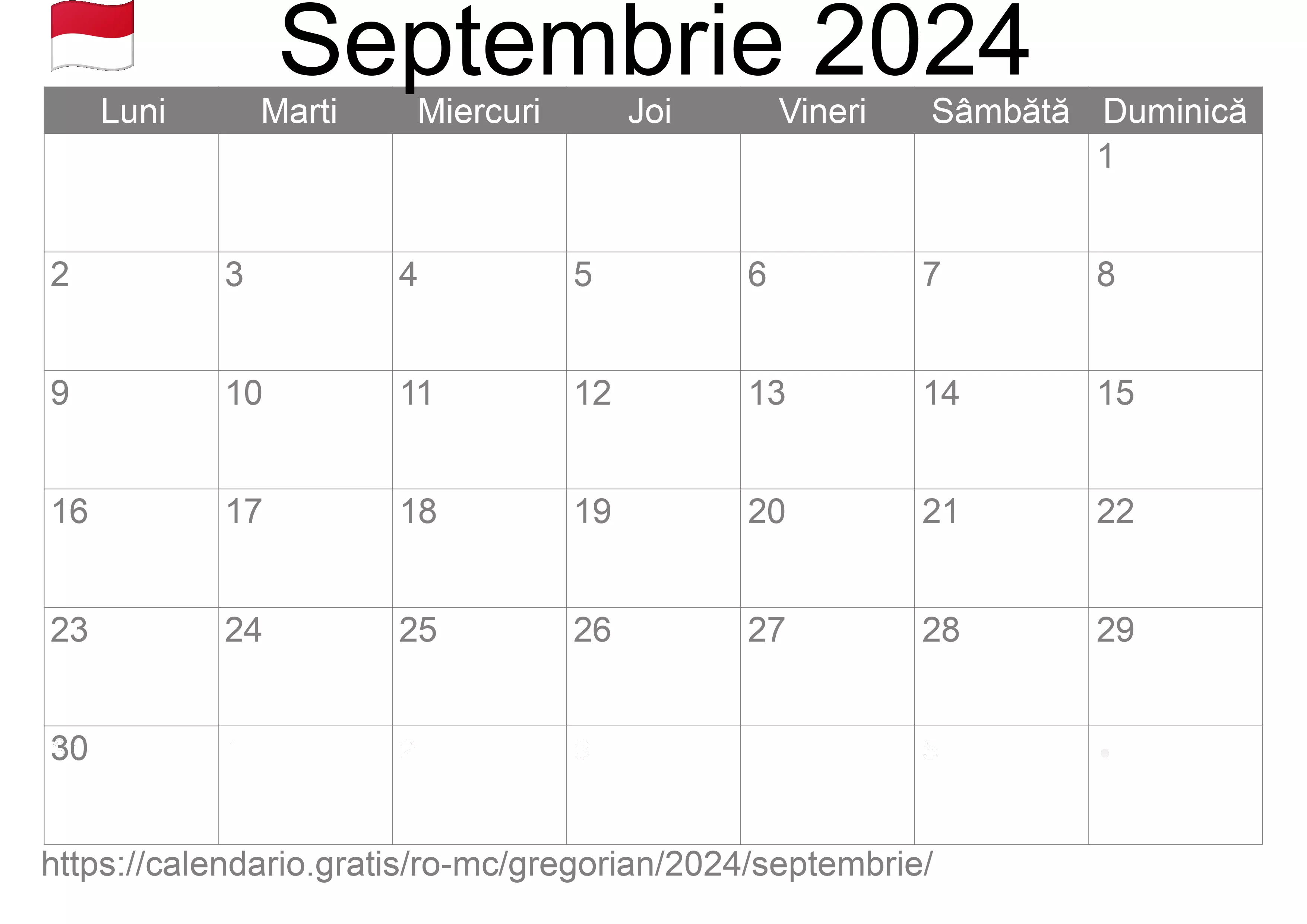 Calendar Septembrie 2024 pentru imprimare (Monaco) Calendar Septembrie 2024 pentru imprimare (Monaco)