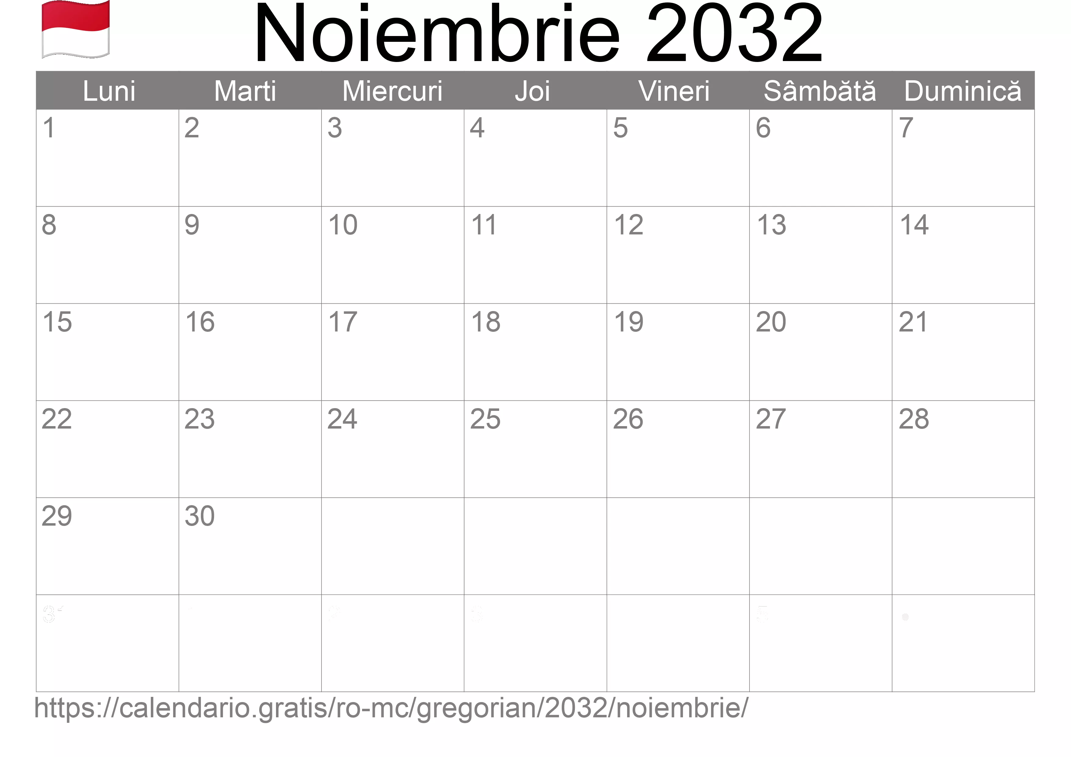 Calendar Noiembrie 2032 pentru imprimare (Monaco) Calendar Noiembrie 2032 pentru imprimare (Monaco)