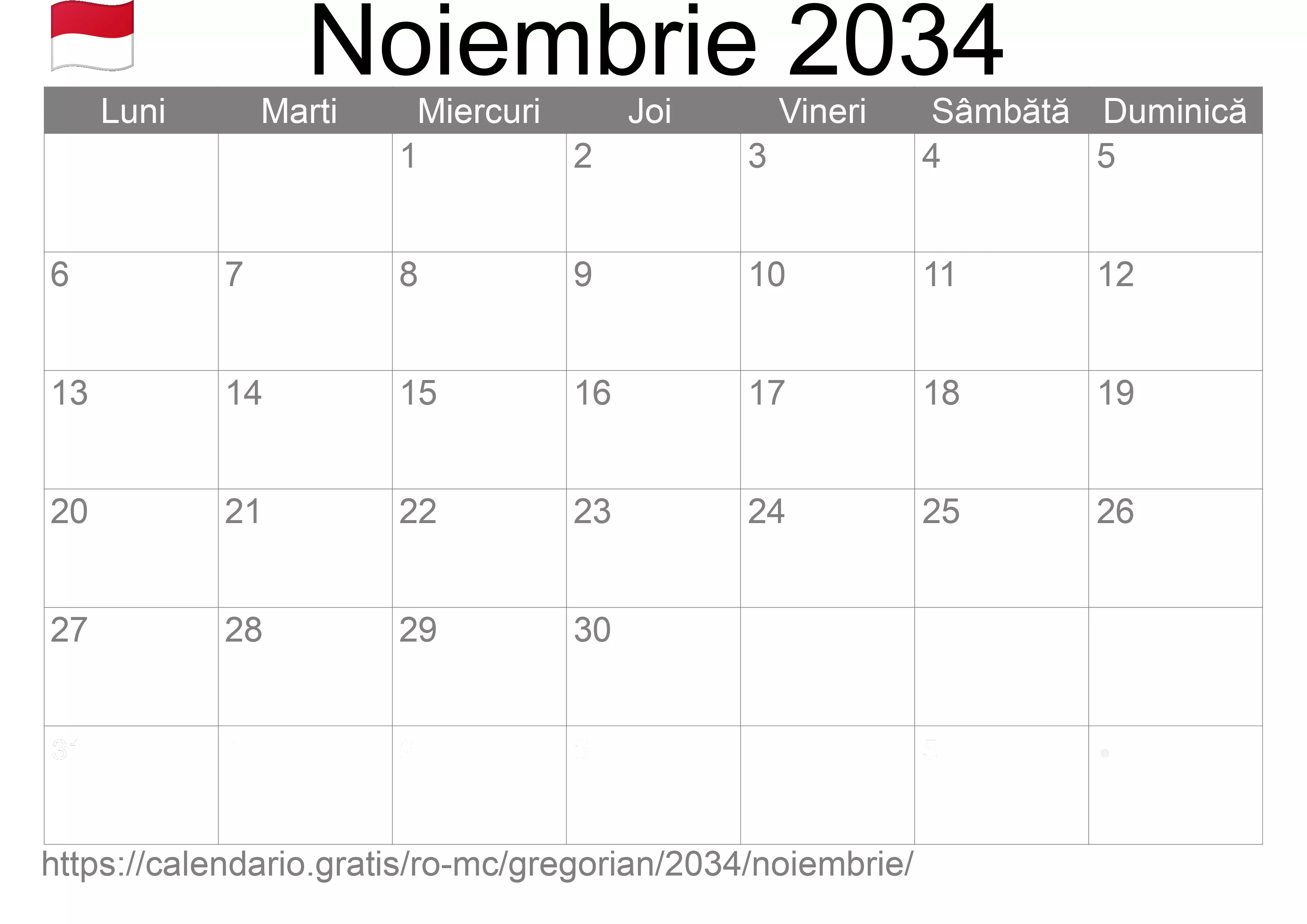 Calendar Noiembrie 2034 pentru imprimare (Monaco)