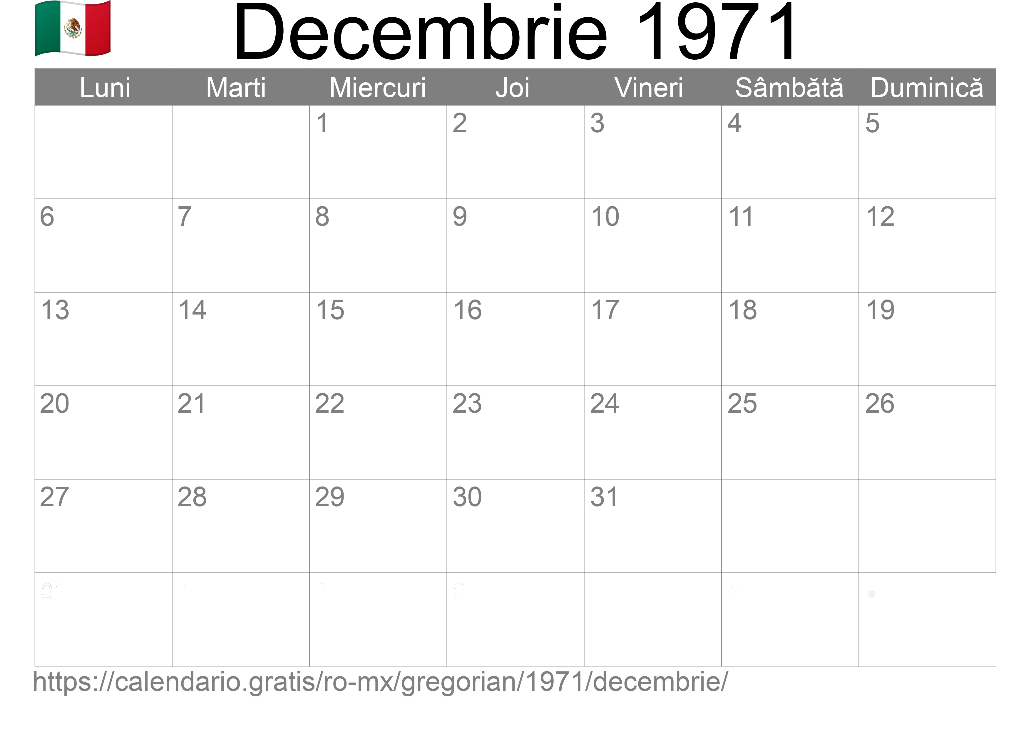 Calendar Decembrie 1971 pentru imprimare