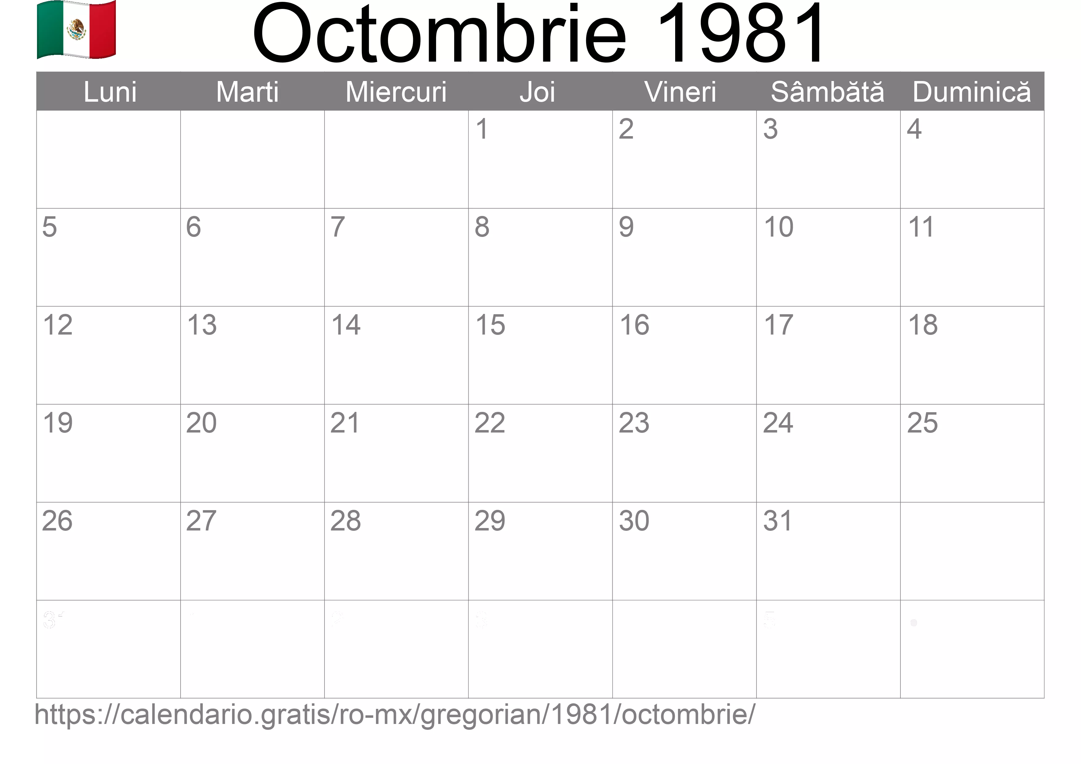 Calendar Octombrie 1981 pentru imprimare (Mexic) Calendar Octombrie 1981 pentru imprimare (Mexic)