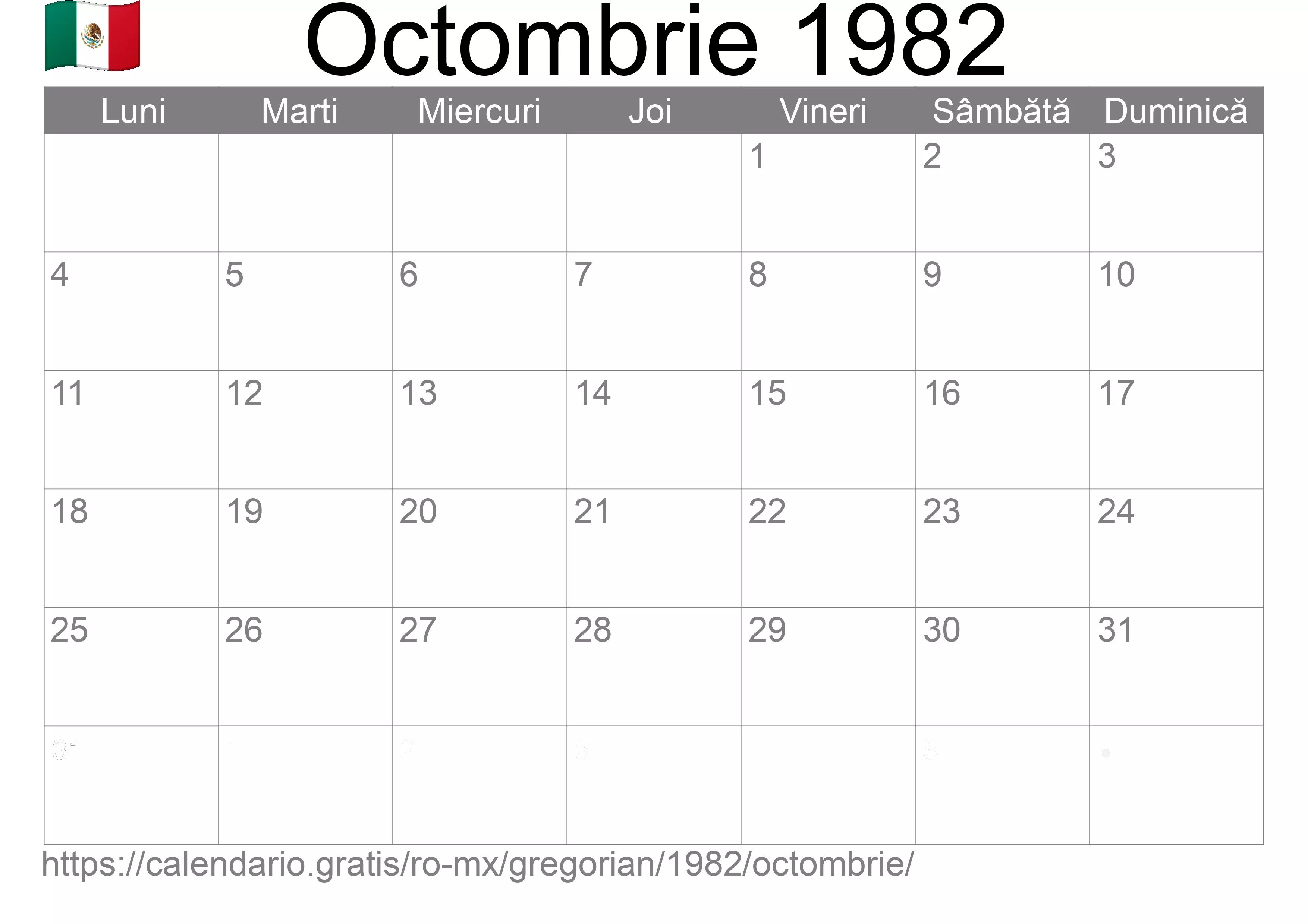 Calendar Octombrie 1982 pentru imprimare (Mexic) Calendar Octombrie 1982 pentru imprimare (Mexic)