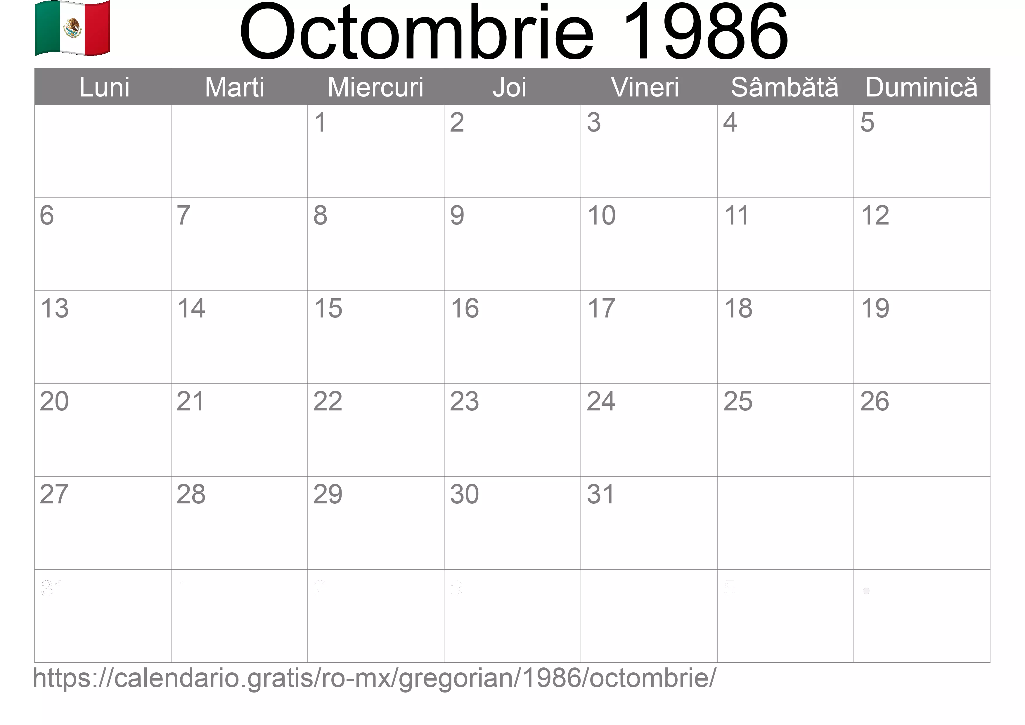 Calendar Octombrie 1986 pentru imprimare (Mexic) Calendar Octombrie 1986 pentru imprimare (Mexic)