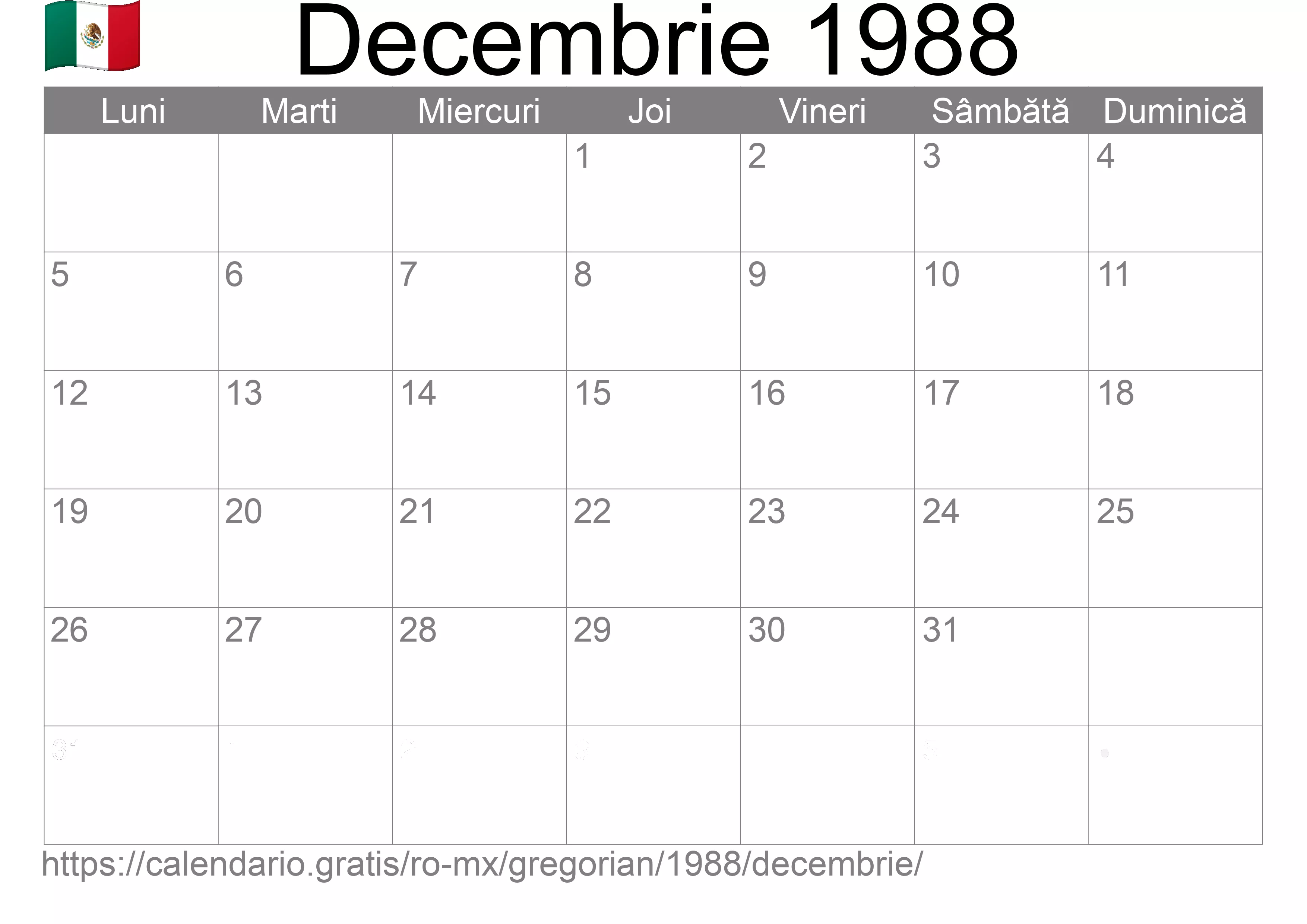 Calendar Decembrie 1988 pentru imprimare (Mexic) Calendar Decembrie 1988 pentru imprimare (Mexic)