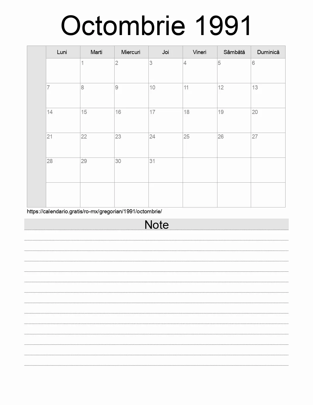 Calendar pentru Octombrie 1991 de imprimat cu note. (Mexic) Calendar pentru Octombrie 1991 de imprimat cu note. (Mexic)