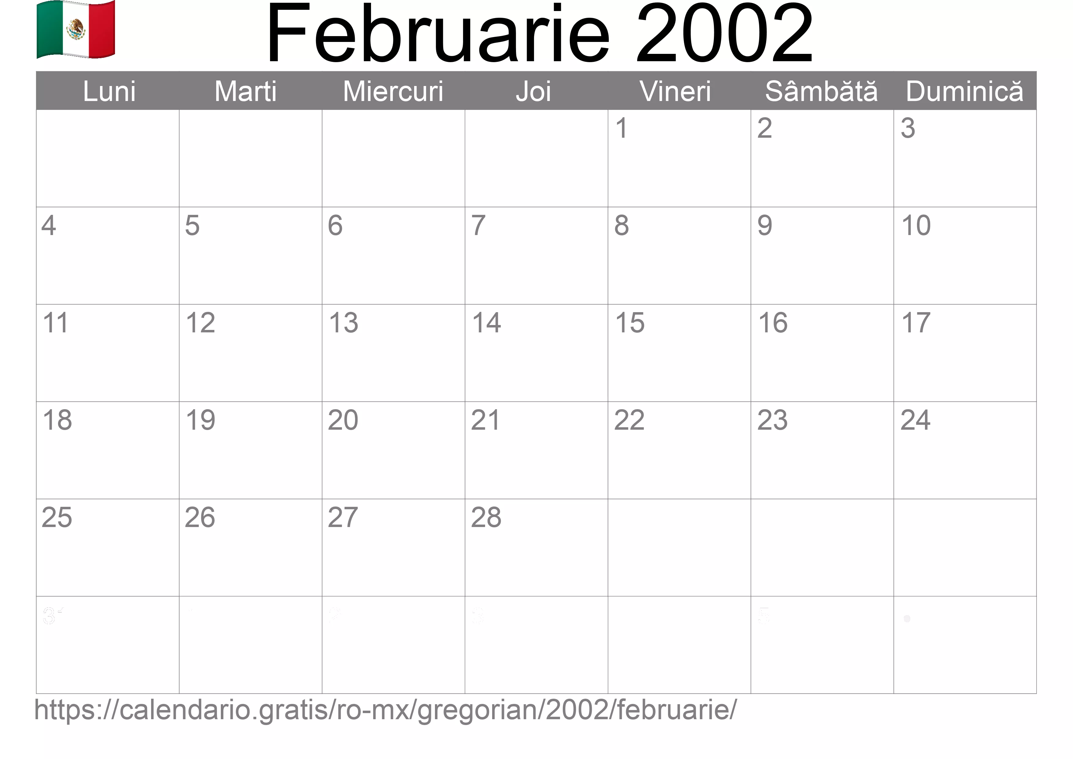 Calendar Februarie 2002 pentru imprimare (Mexic) Calendar Februarie 2002 pentru imprimare (Mexic)