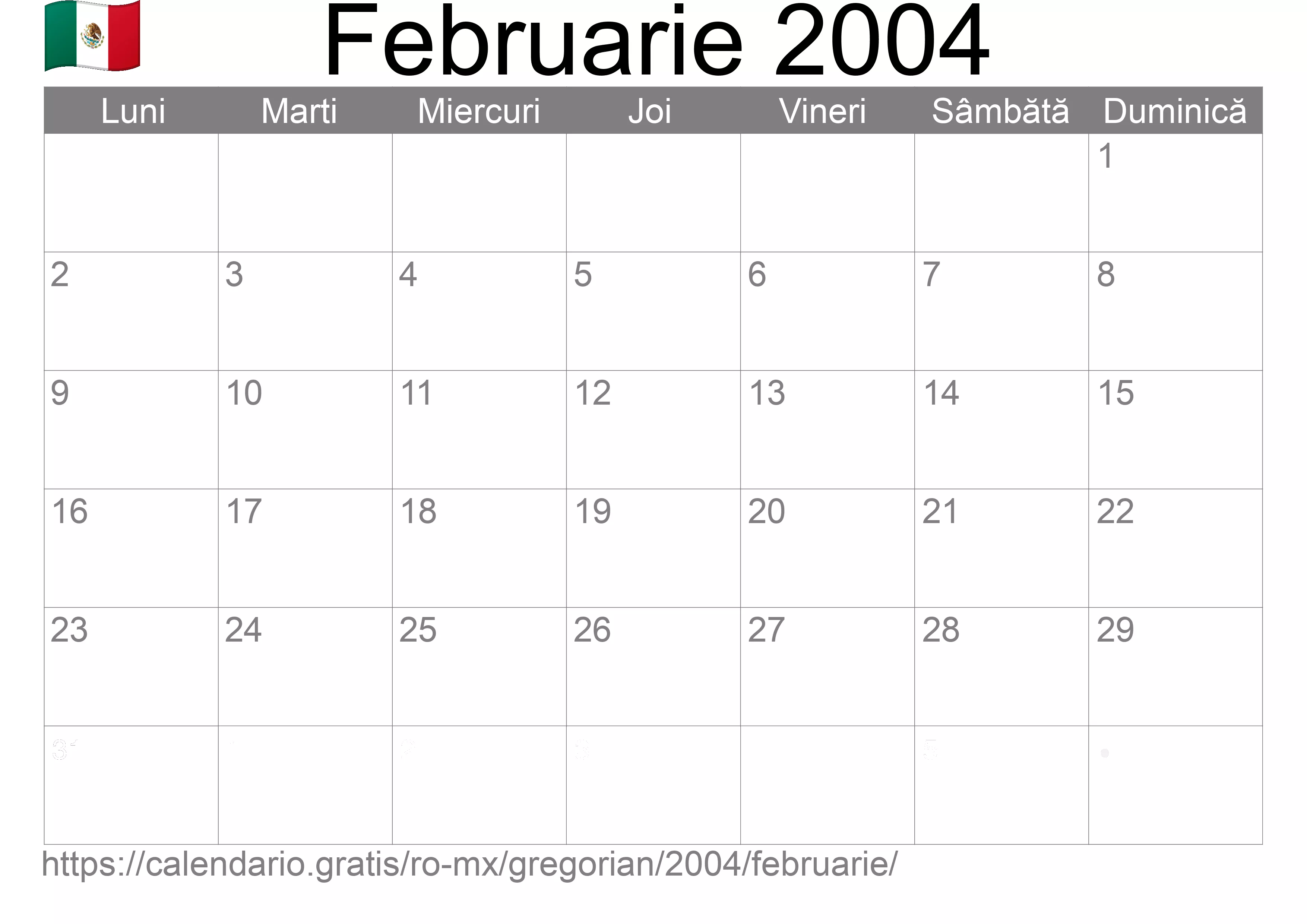 Calendar Februarie 2004 pentru imprimare (Mexic) Calendar Februarie 2004 pentru imprimare (Mexic)