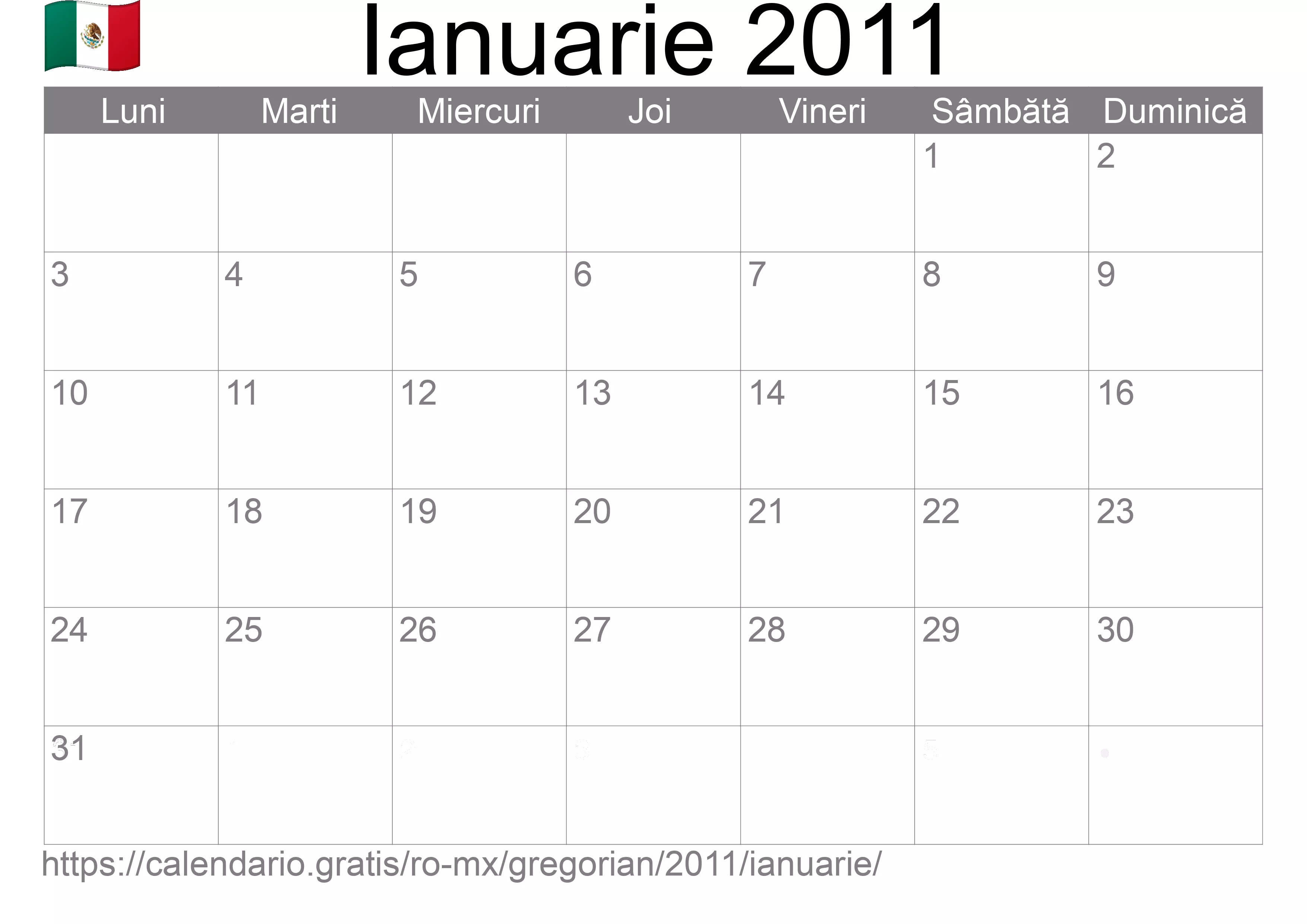 Calendar Ianuarie 2011 pentru imprimare (Mexic)