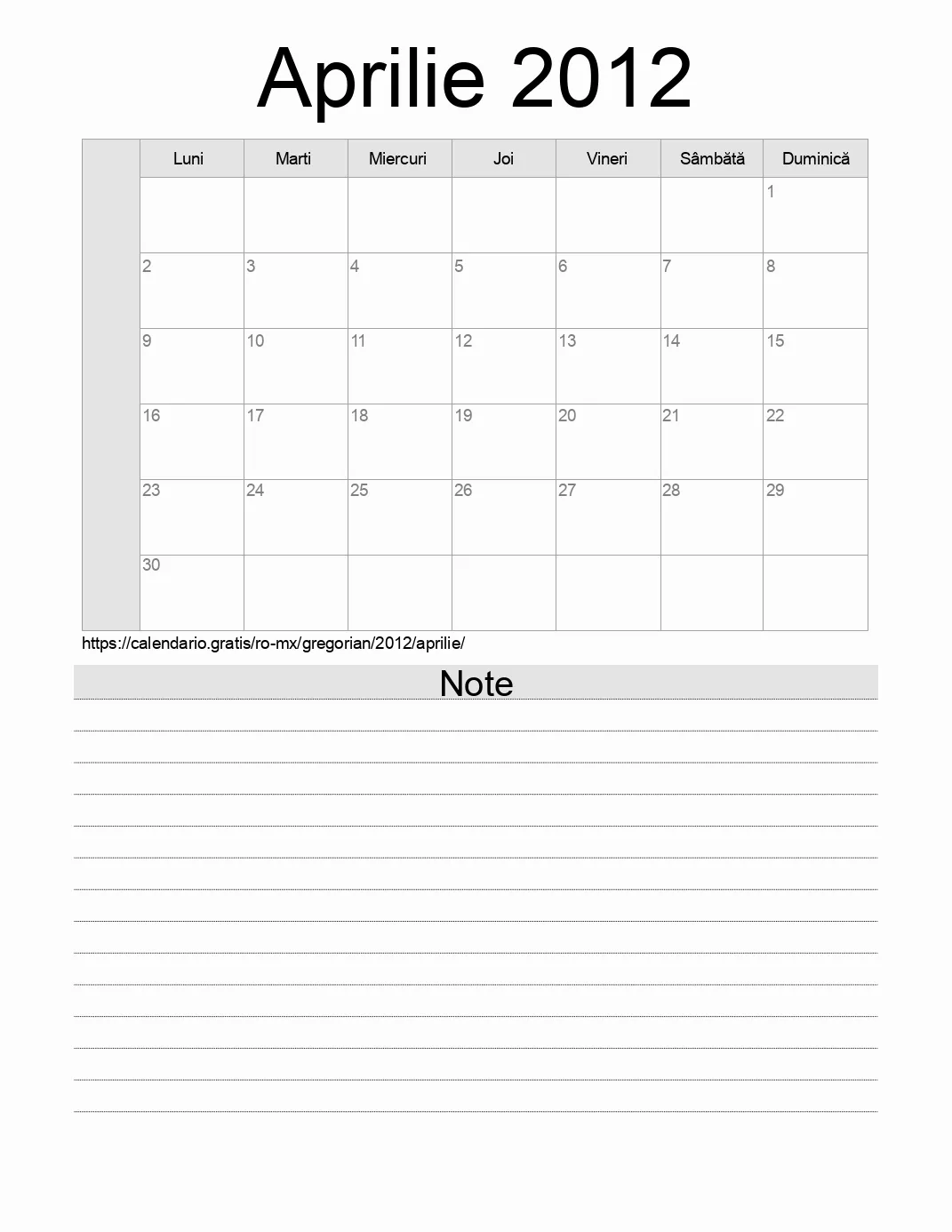 Calendar pentru Aprilie 2012 de imprimat cu note. (Mexic)