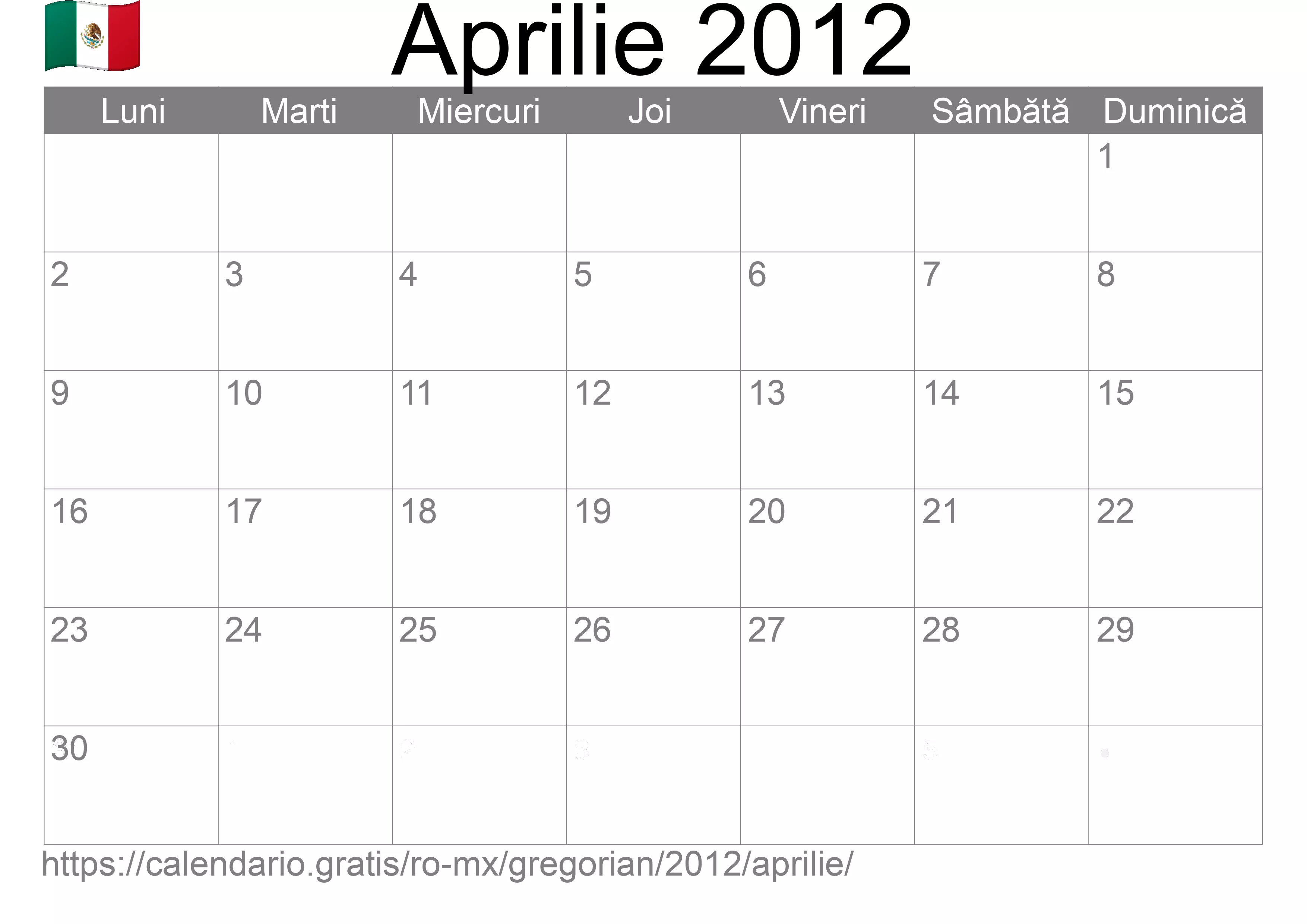 Calendar Aprilie 2012 pentru imprimare (Mexic)