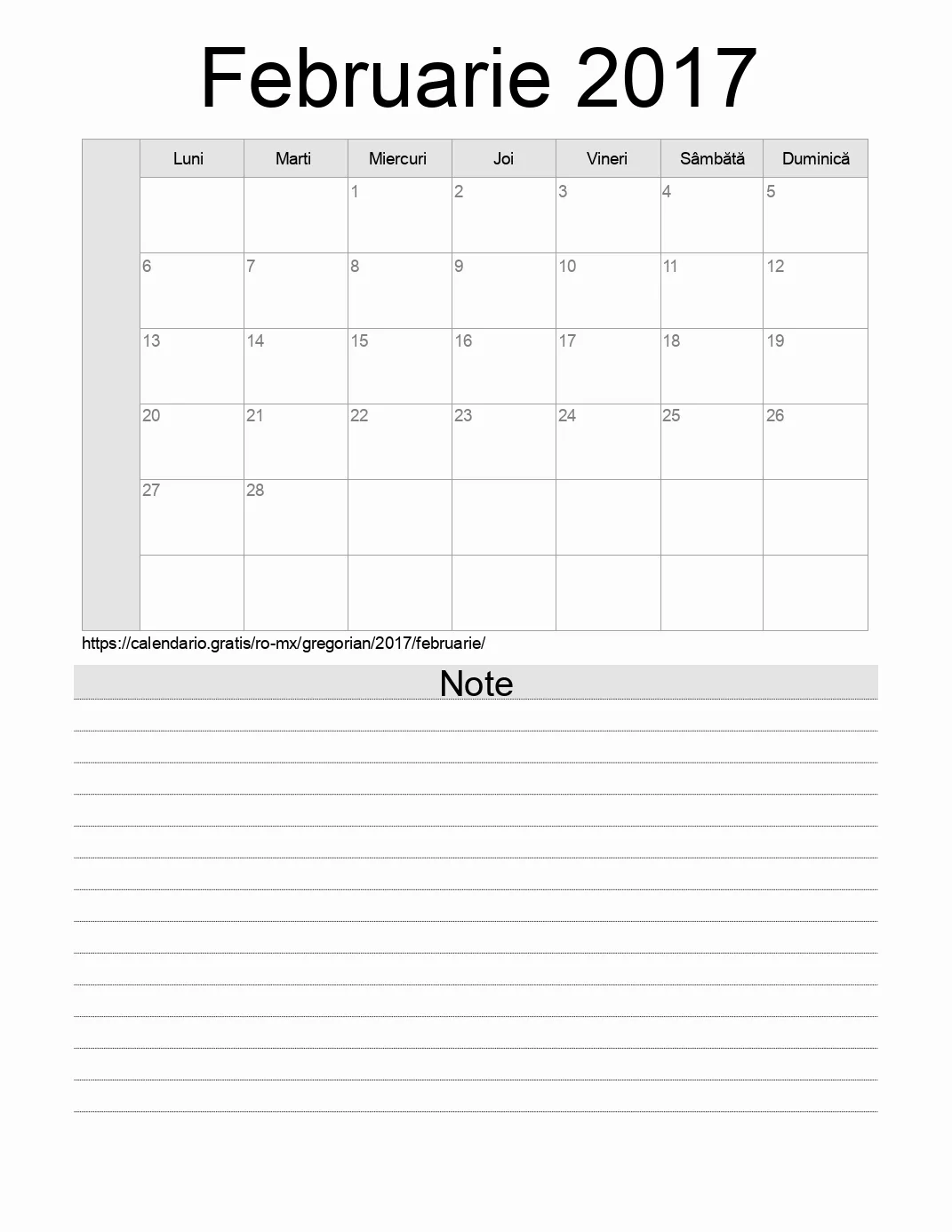 Calendar pentru Februarie 2017 de imprimat cu note. (Mexic)