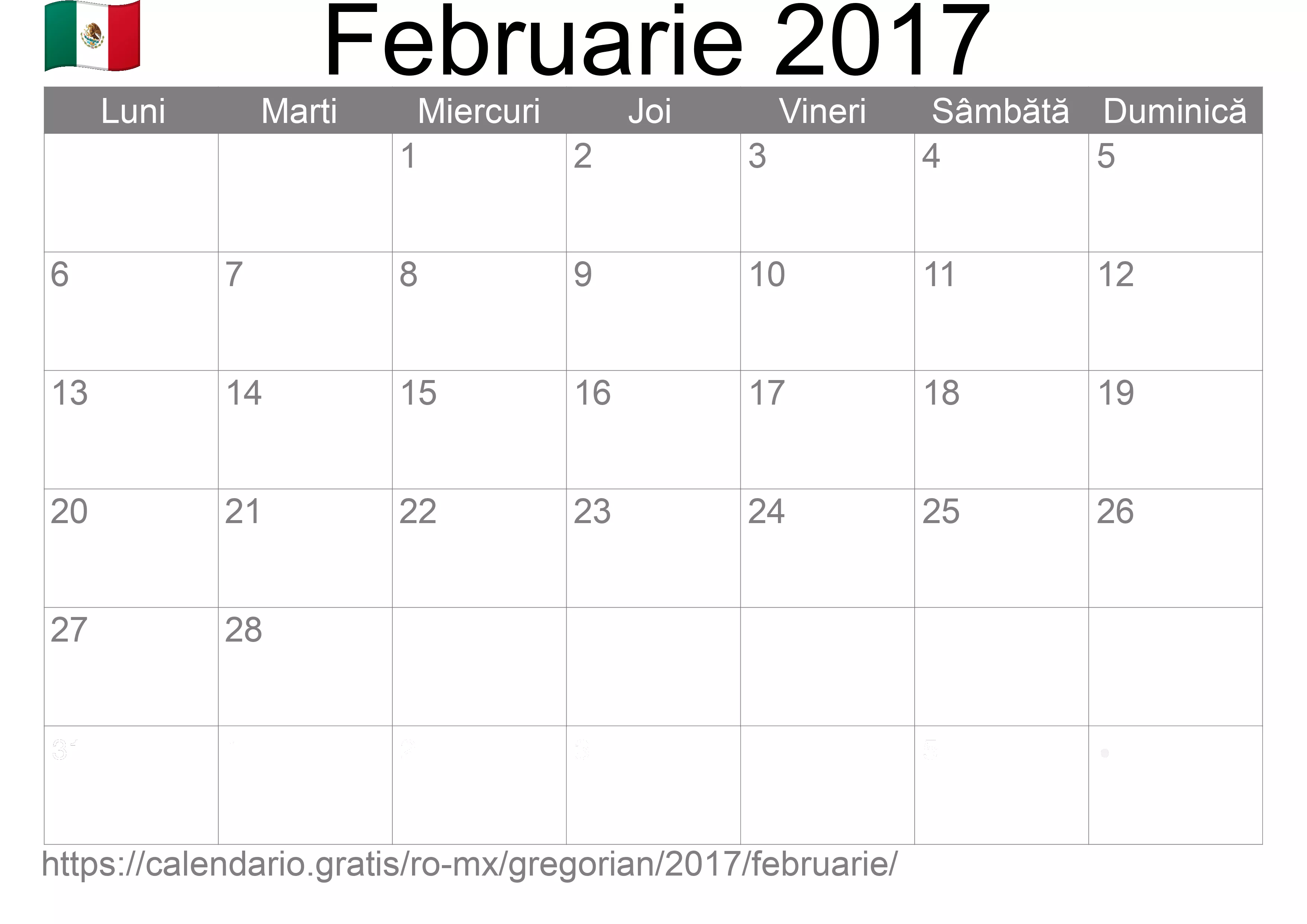 Calendar Februarie 2017 pentru imprimare (Mexic)