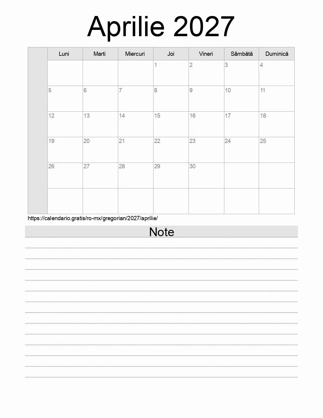 Calendar pentru Aprilie 2027 de imprimat cu note. (Mexic)