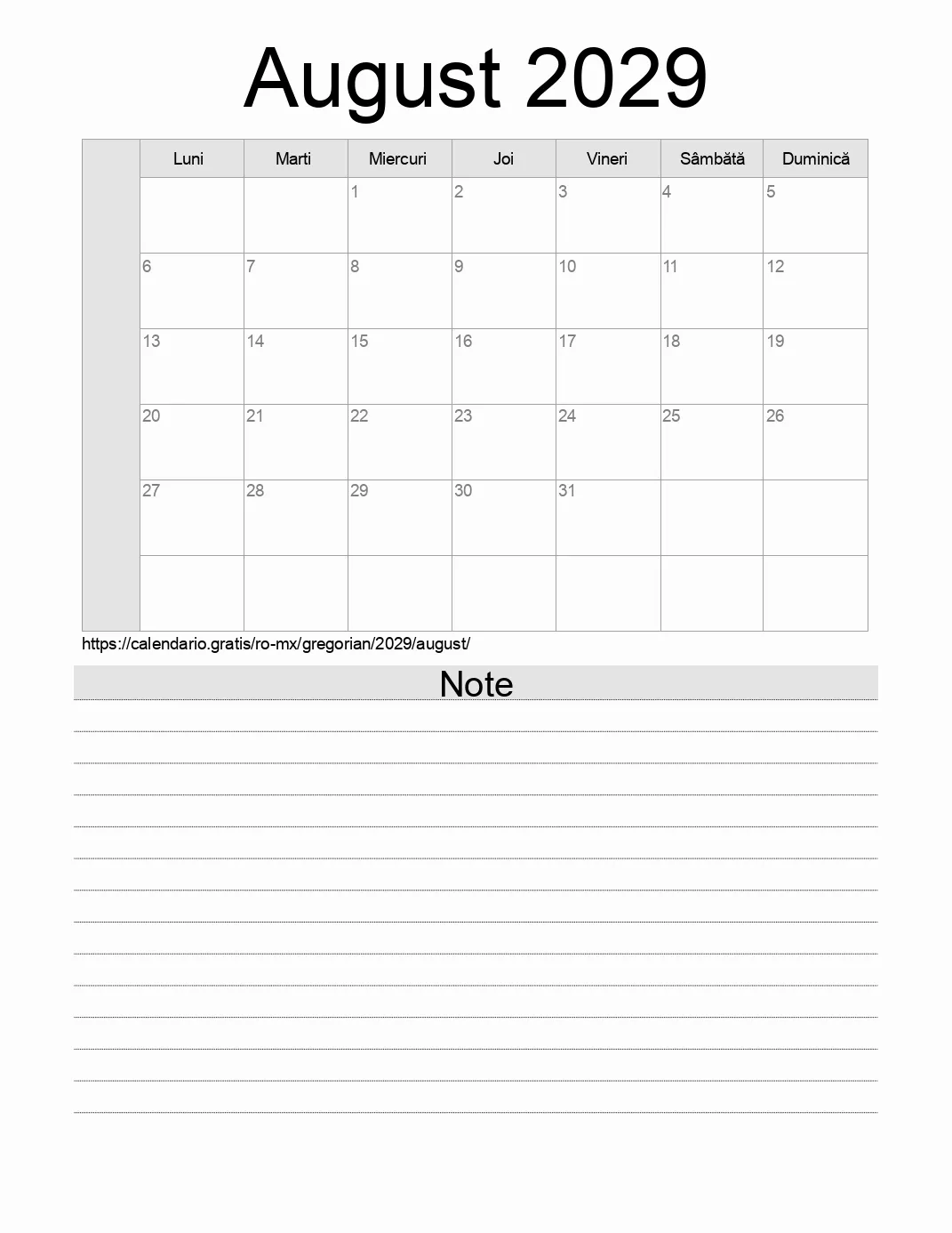 Calendar pentru August 2029 de imprimat cu note. (Mexic) Calendar pentru August 2029 de imprimat cu note. (Mexic)