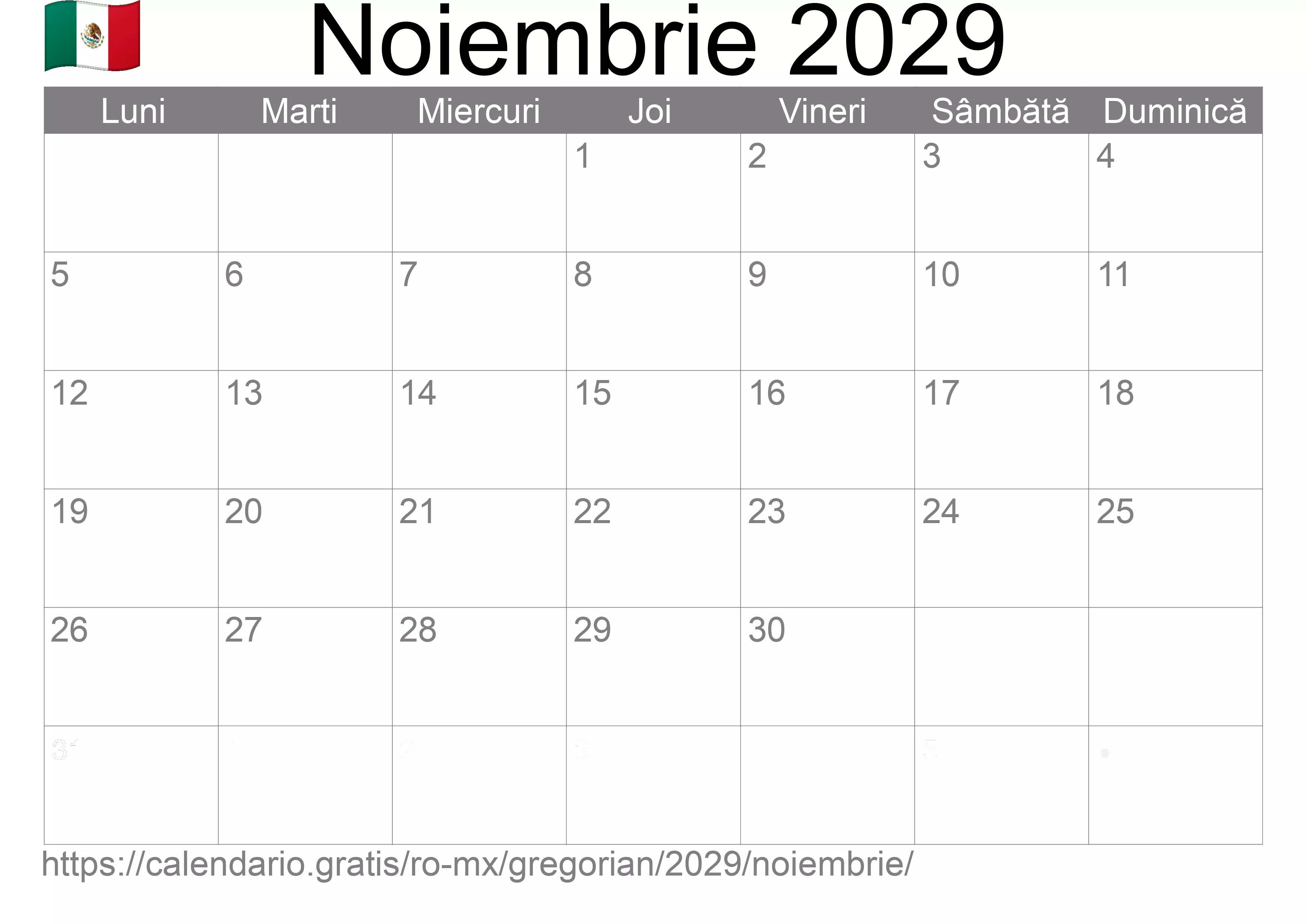 Calendar Noiembrie 2029 pentru imprimare (Mexic) Calendar Noiembrie 2029 pentru imprimare (Mexic)