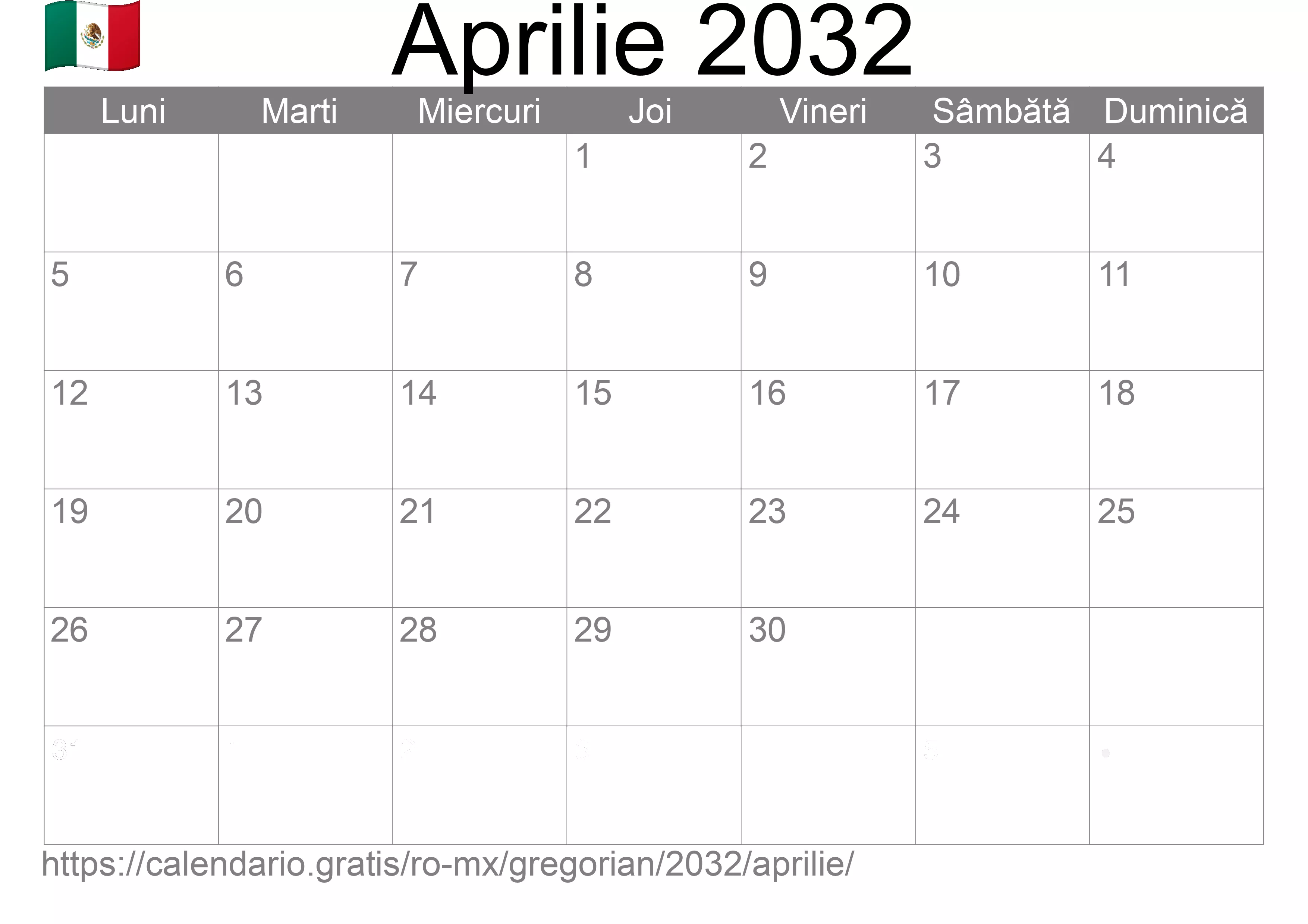 Calendar Aprilie 2032 pentru imprimare (Mexic)