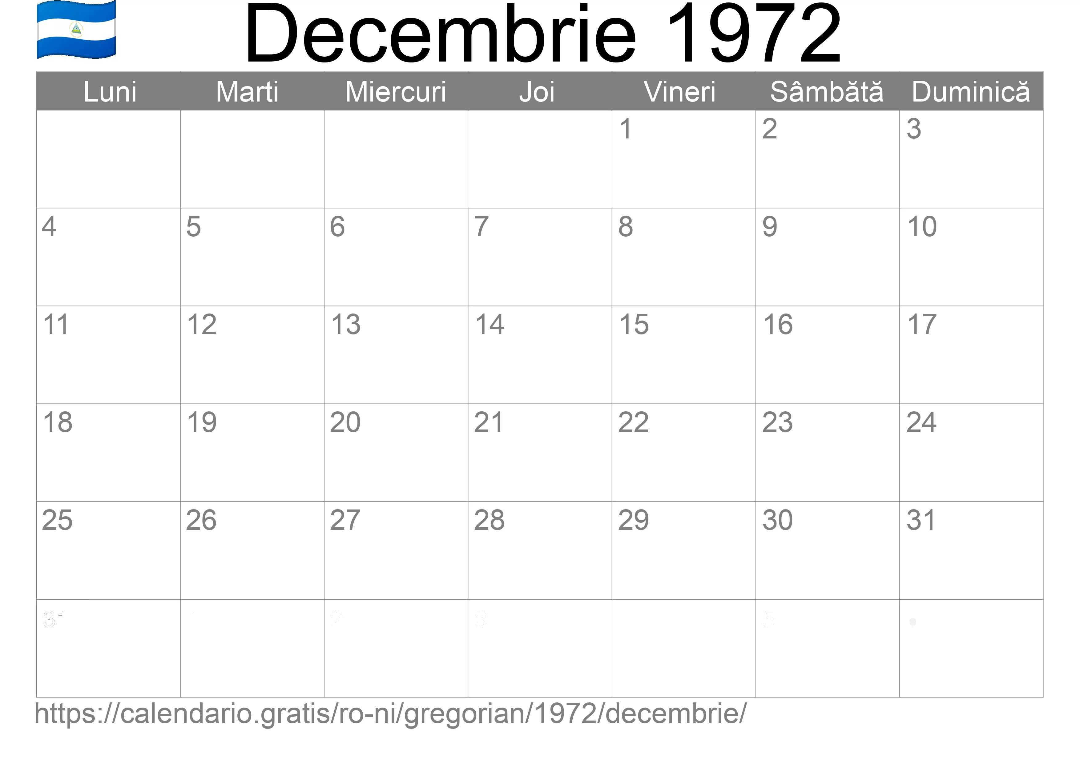 Calendar Decembrie 1972 pentru imprimare (Nicaragua) Calendar Decembrie 1972 pentru imprimare (Nicaragua)
