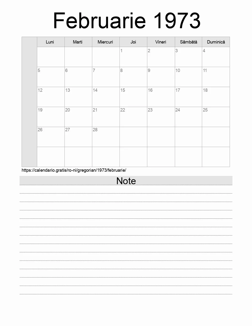 Calendar pentru Februarie 1973 de imprimat cu note. (Nicaragua) Calendar pentru Februarie 1973 de imprimat cu note. (Nicaragua)