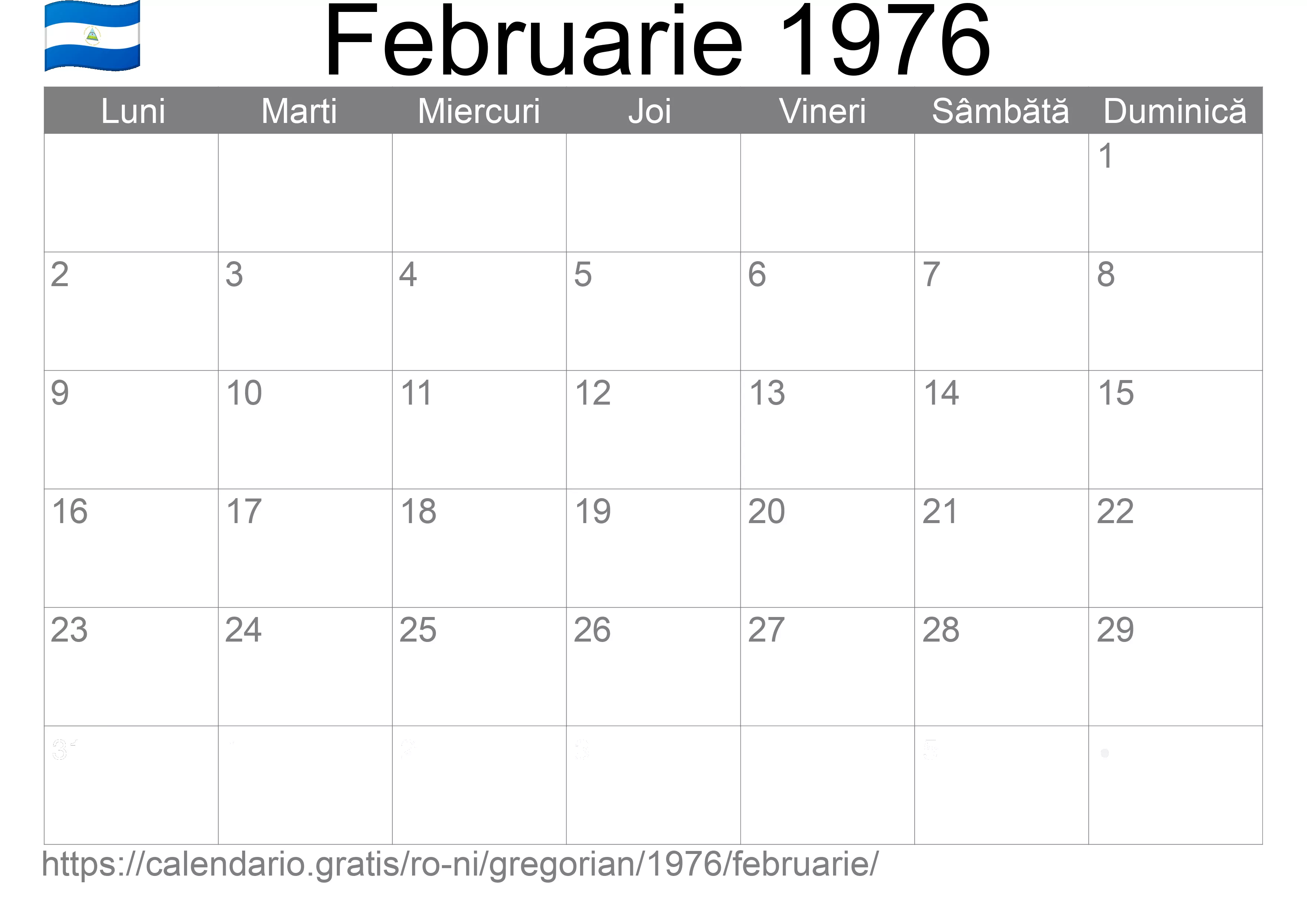 Calendar Februarie 1976 pentru imprimare (Nicaragua) Calendar Februarie 1976 pentru imprimare (Nicaragua)