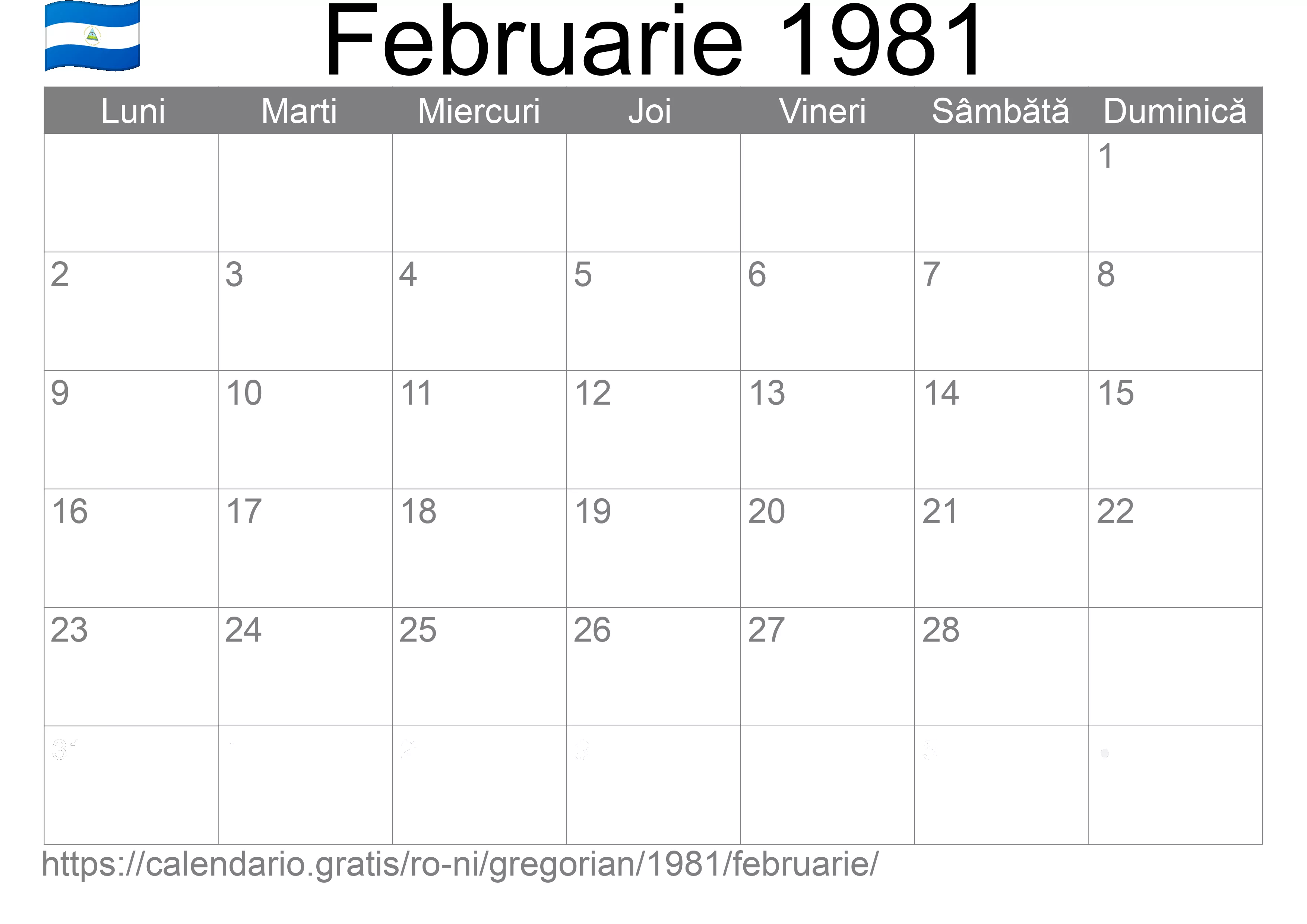 Calendar Februarie 1981 pentru imprimare (Nicaragua) Calendar Februarie 1981 pentru imprimare (Nicaragua)