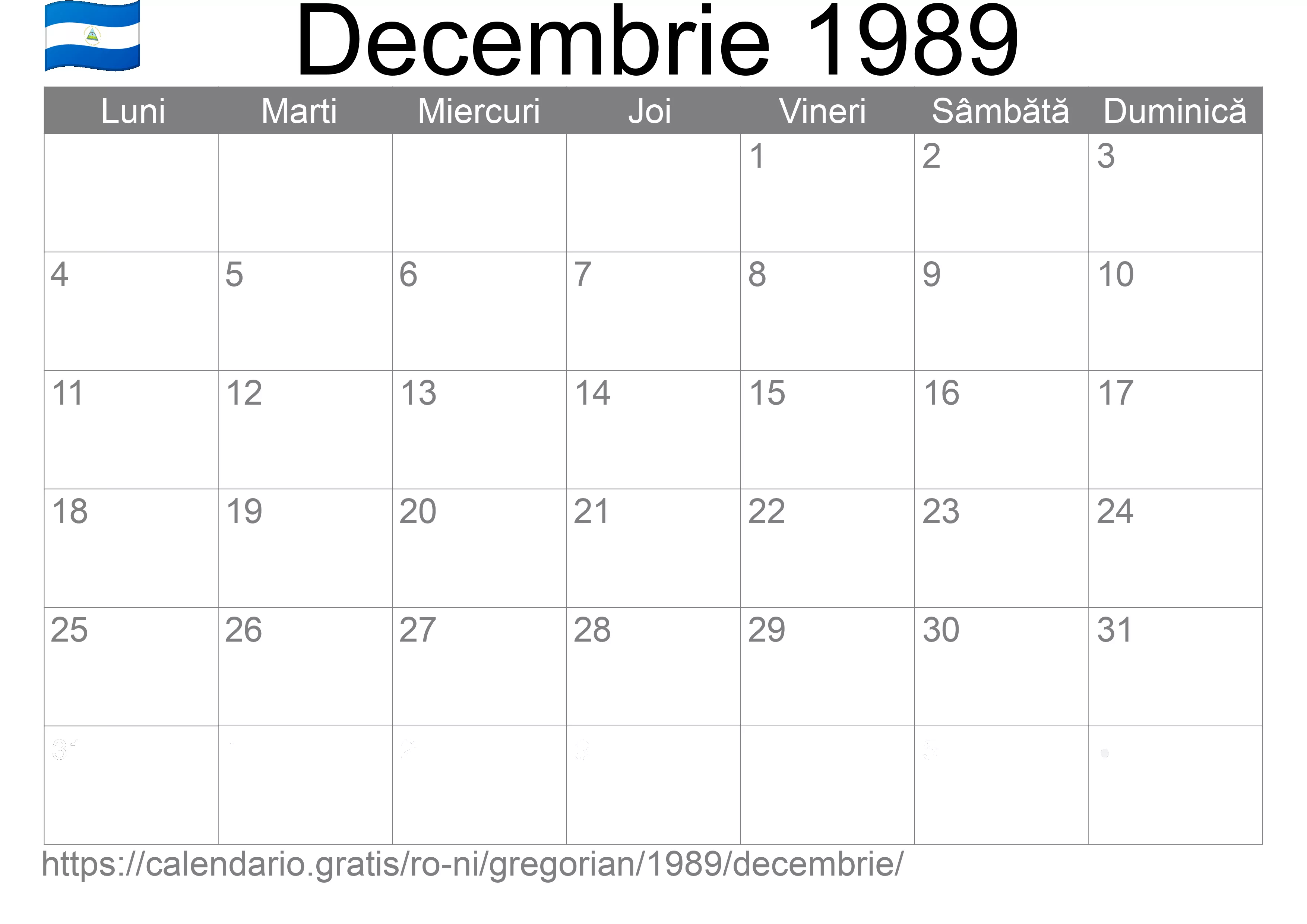 Calendar Decembrie 1989 pentru imprimare (Nicaragua) Calendar Decembrie 1989 pentru imprimare (Nicaragua)