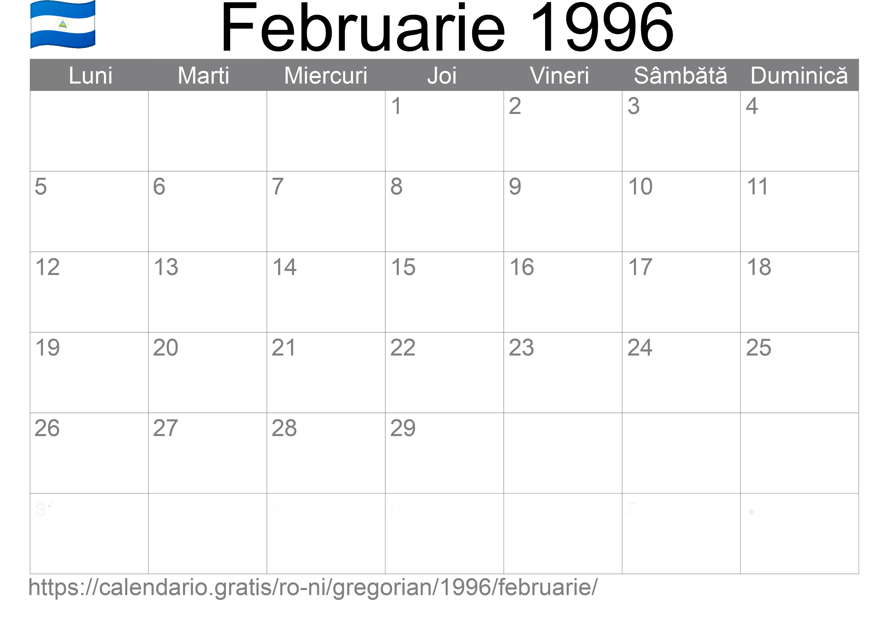 Calendar Februarie 1996 pentru imprimare (Nicaragua) Calendar Februarie 1996 pentru imprimare (Nicaragua)