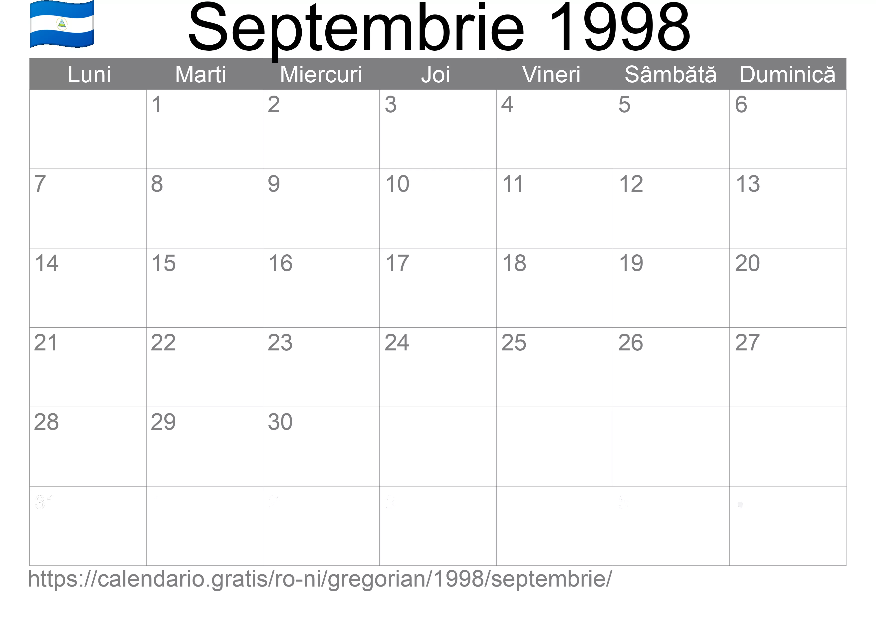 Calendar Septembrie 1998 pentru imprimare (Nicaragua) Calendar Septembrie 1998 pentru imprimare (Nicaragua)