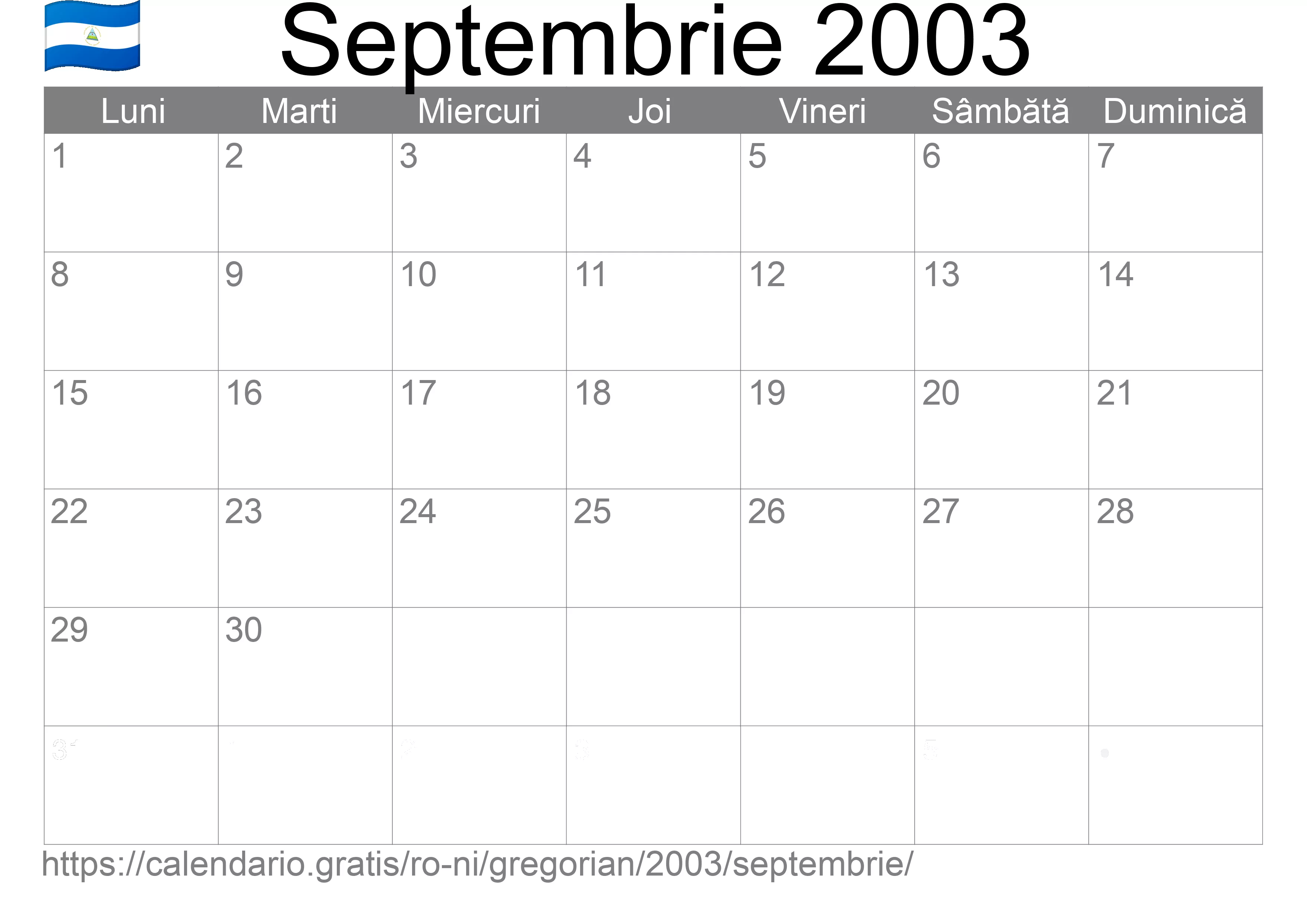 Calendar Septembrie 2003 pentru imprimare (Nicaragua) Calendar Septembrie 2003 pentru imprimare (Nicaragua)