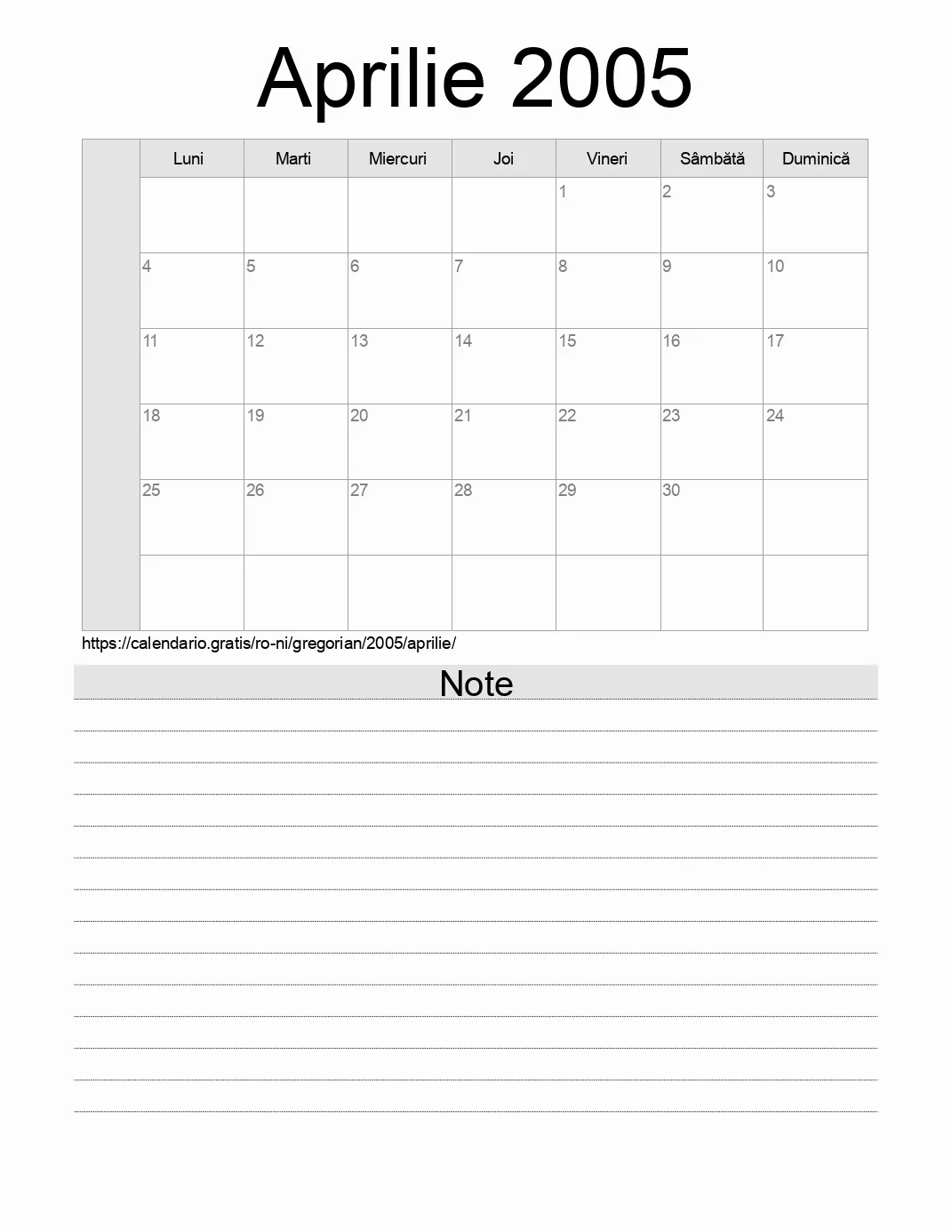 Calendar pentru Aprilie 2005 de imprimat cu note. (Nicaragua)