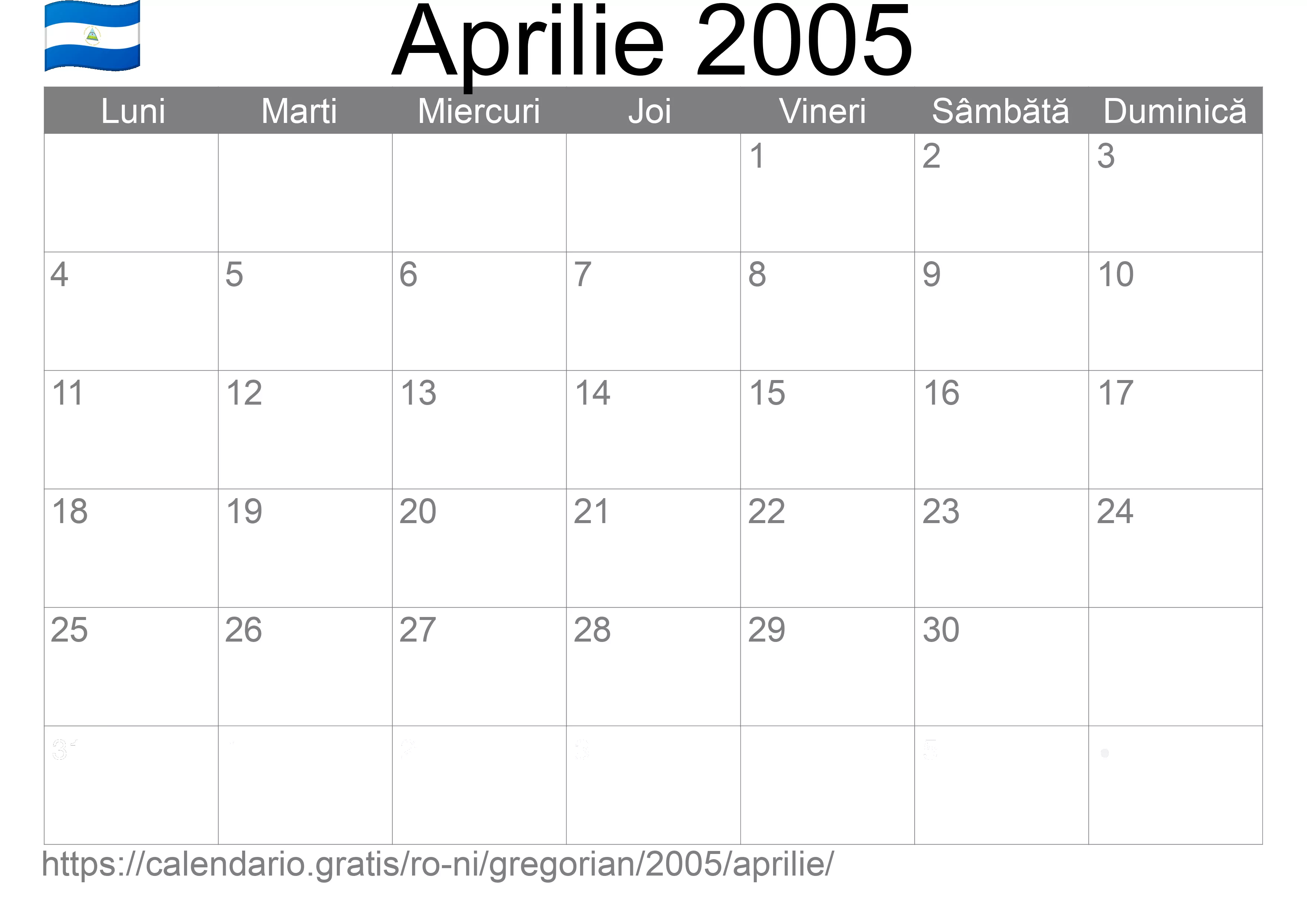 Calendar Aprilie 2005 pentru imprimare (Nicaragua)