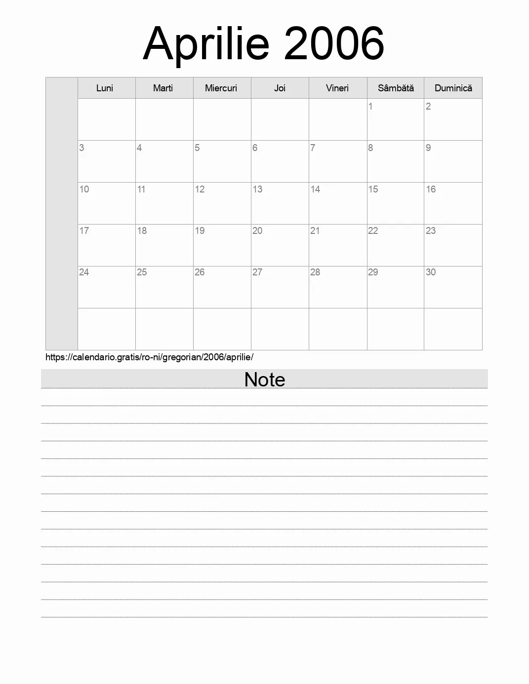 Calendar pentru Aprilie 2006 de imprimat cu note. (Nicaragua)