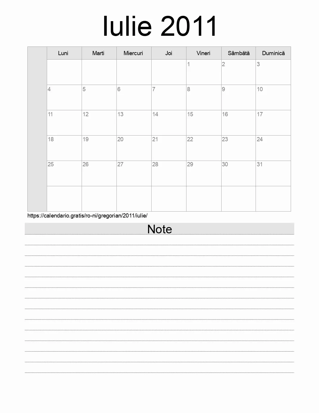 Calendar pentru Iulie 2011 de imprimat cu note. (Nicaragua)