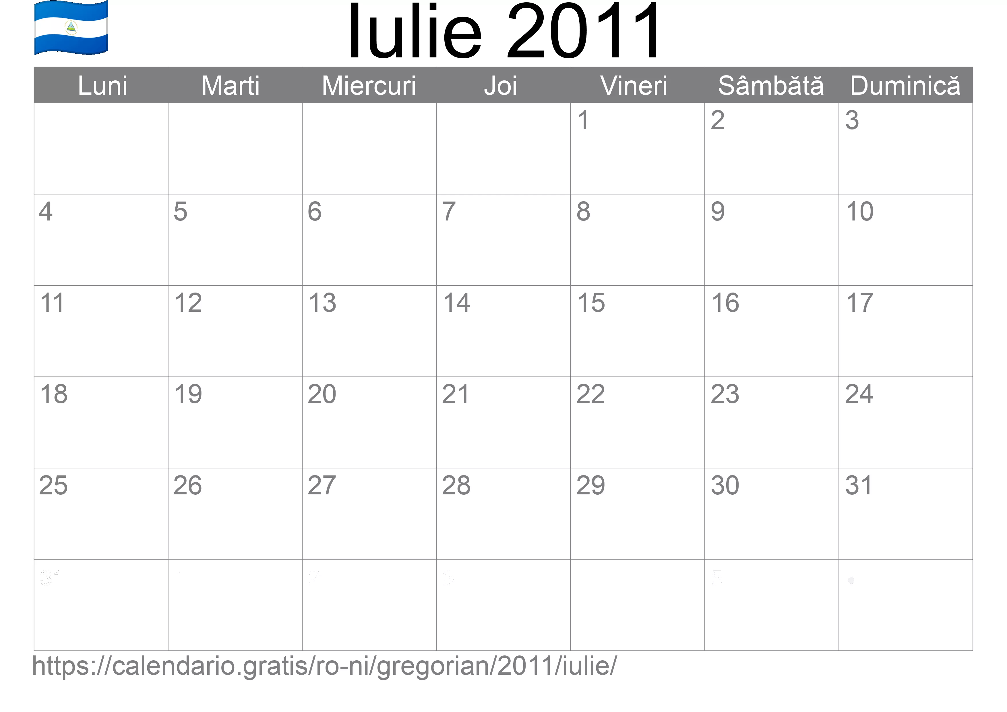 Calendar Iulie 2011 pentru imprimare (Nicaragua)