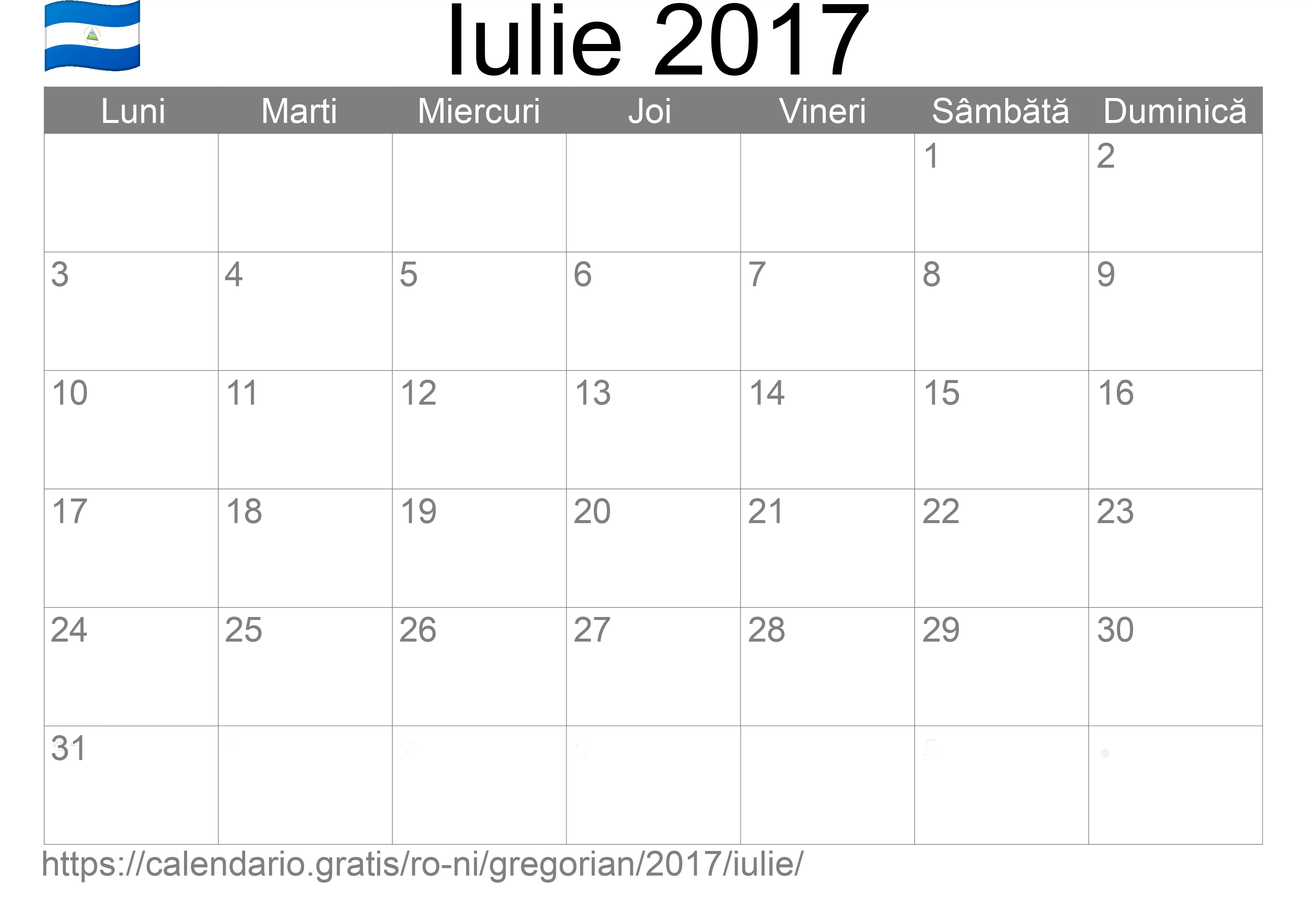 Calendar Iulie 2017 pentru imprimare (Nicaragua)